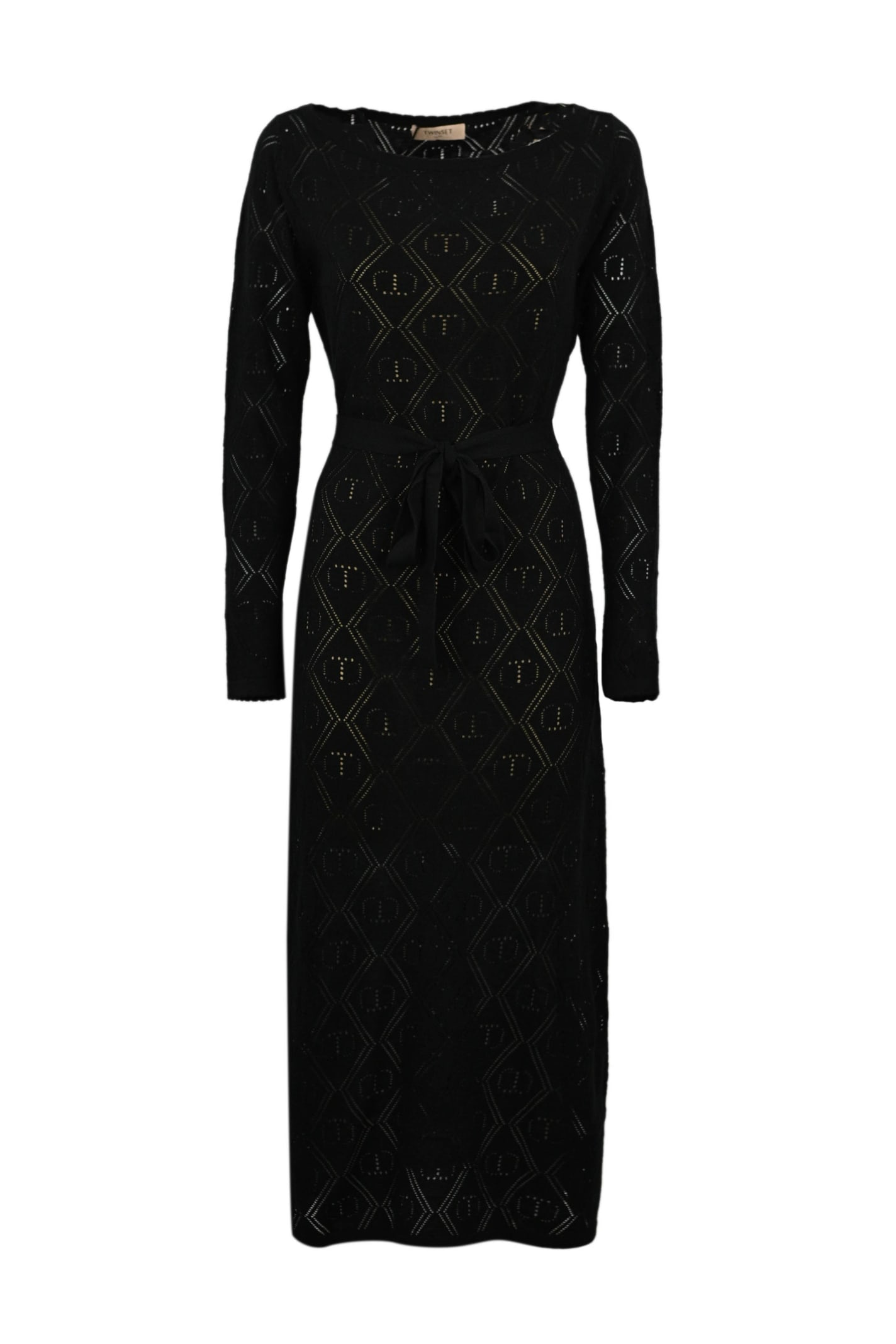 Shop Twinset Openwork Knitted Dress In Black