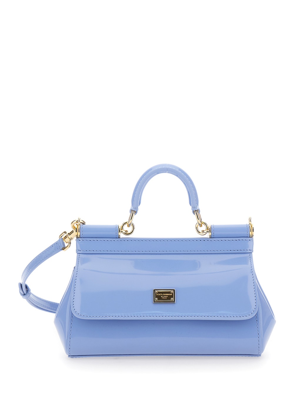 Shop Dolce & Gabbana Sicily Light Blue Handbag With Logo Plaque In Patent Leather Woman