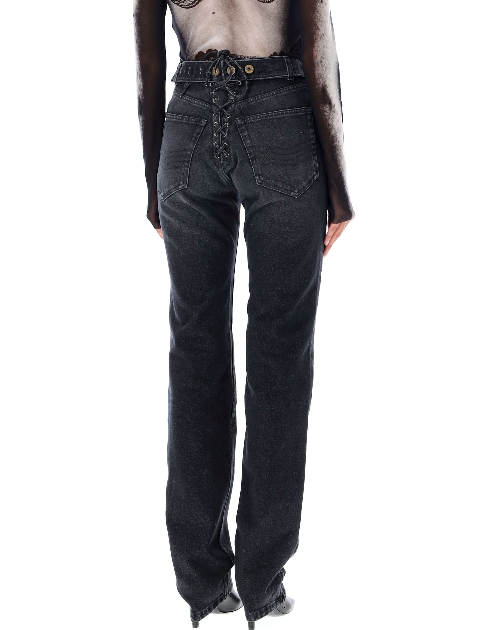 Shop Jean Paul Gaultier Lacing Knee Bonded Jeans In Vintage Black