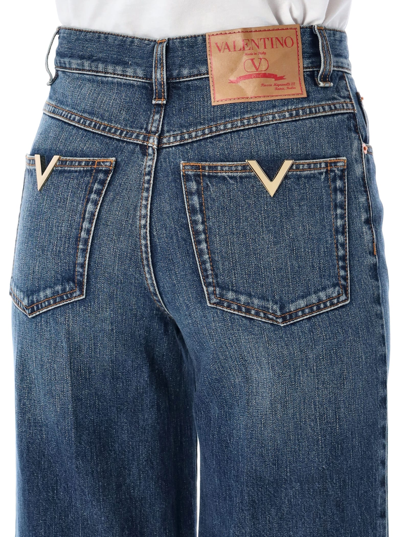 Shop Valentino Crop Wide Denim In Mid Blue