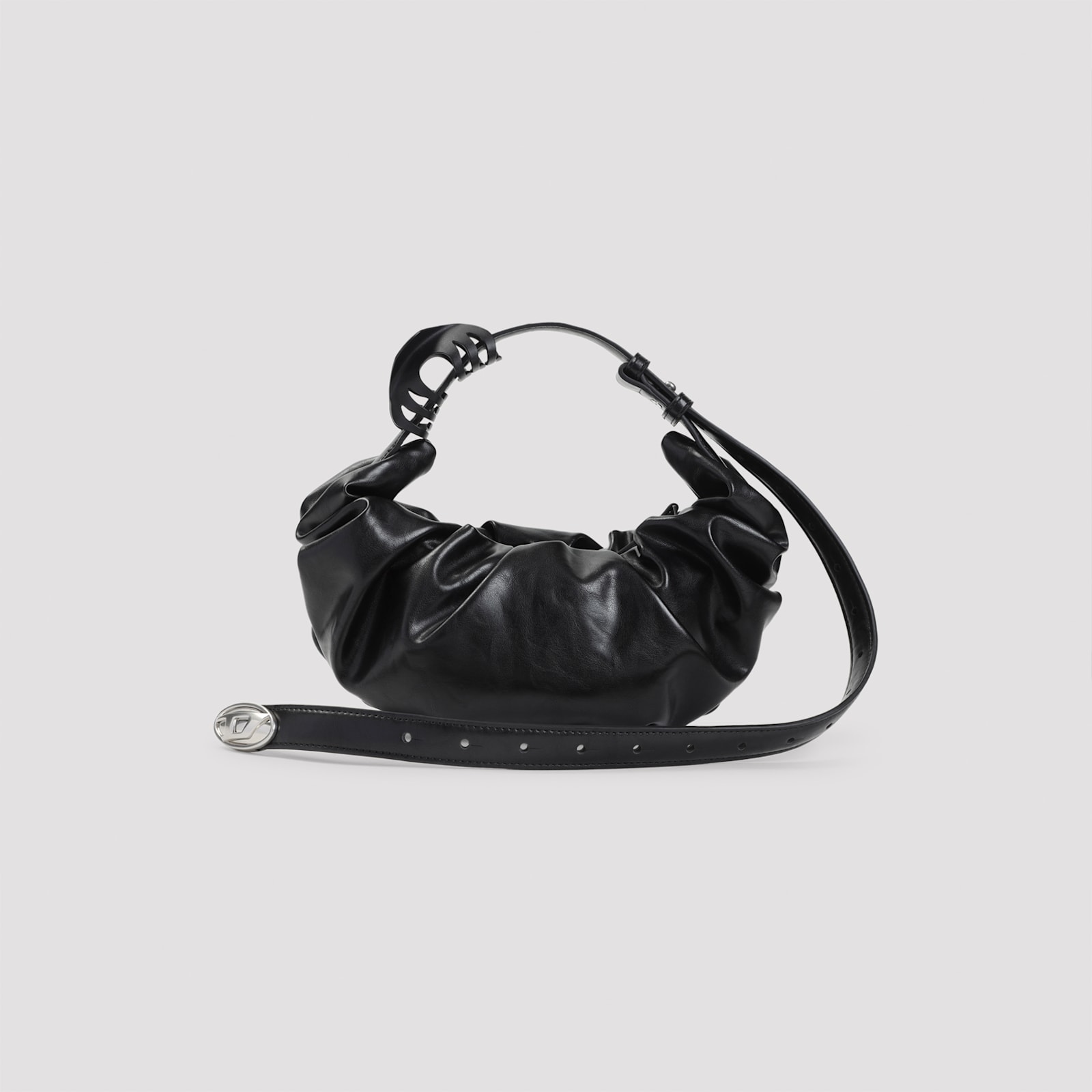 Diesel Grab-d S-small Scrunched Hobo Bag In Shiny Pu In Black