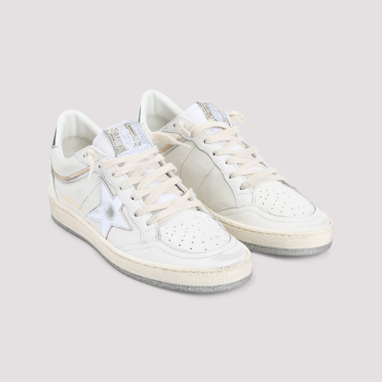 Golden Goose Ball Star Sneakers In Vintage Effect Leather With Silver Star And Heel Tab In Multi