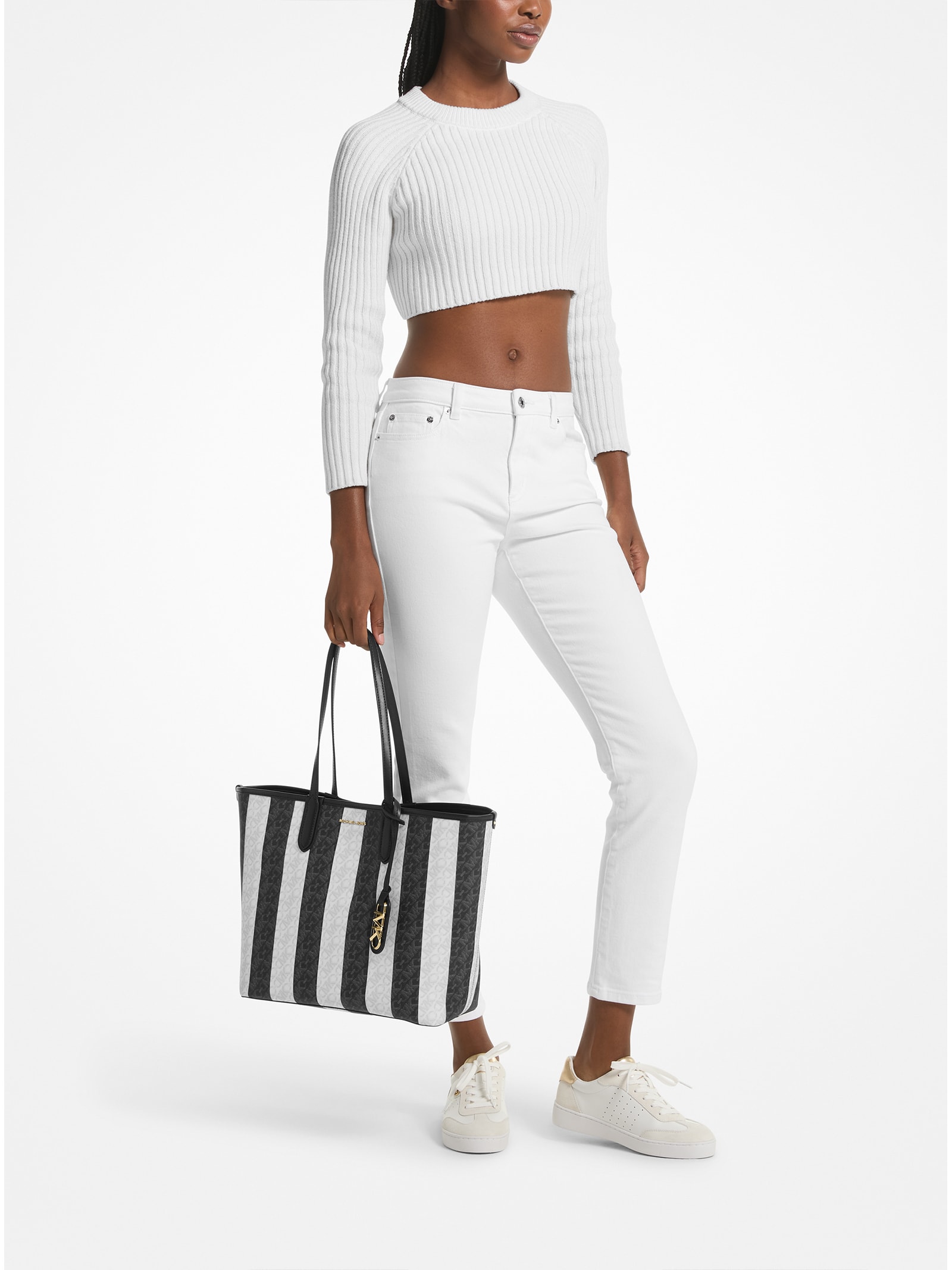Shop Michael Kors Striped Shopping Bag With Logo In Blk Optic White