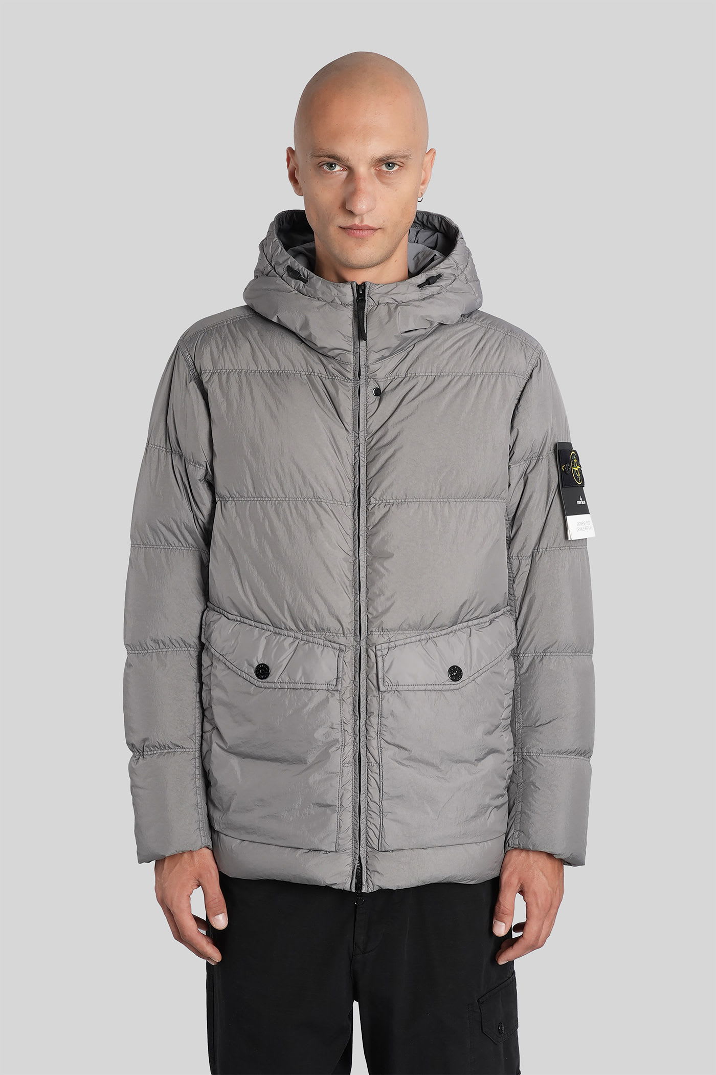 Stone Island Quilted Hooded Down Jacket With Front Pockets In Gray