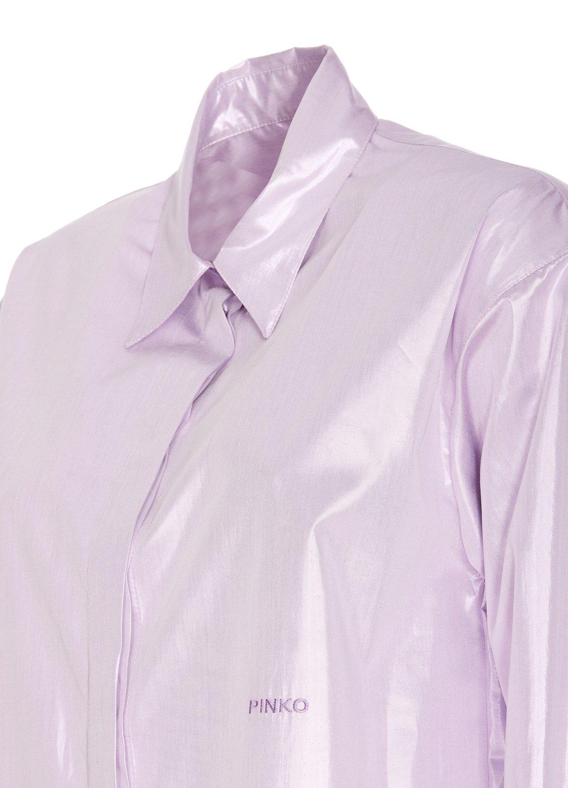 Shop Pinko Long Sleeved Logo Embroidered Metallic Shirt In Purple