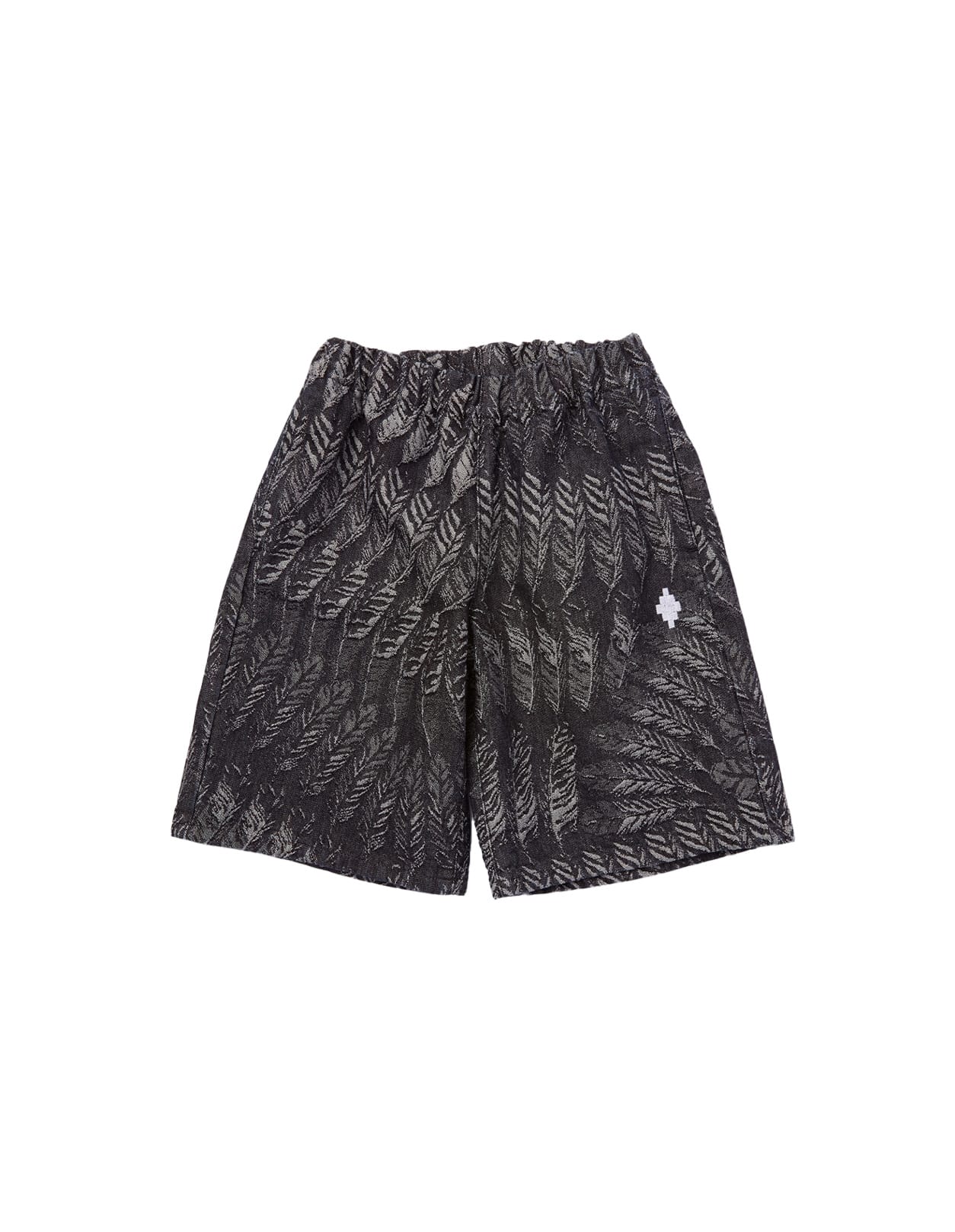 MARCELO BURLON COUNTY OF MILAN BLACK DENIM SHORTS WITH ALL-OVER FEATHERS