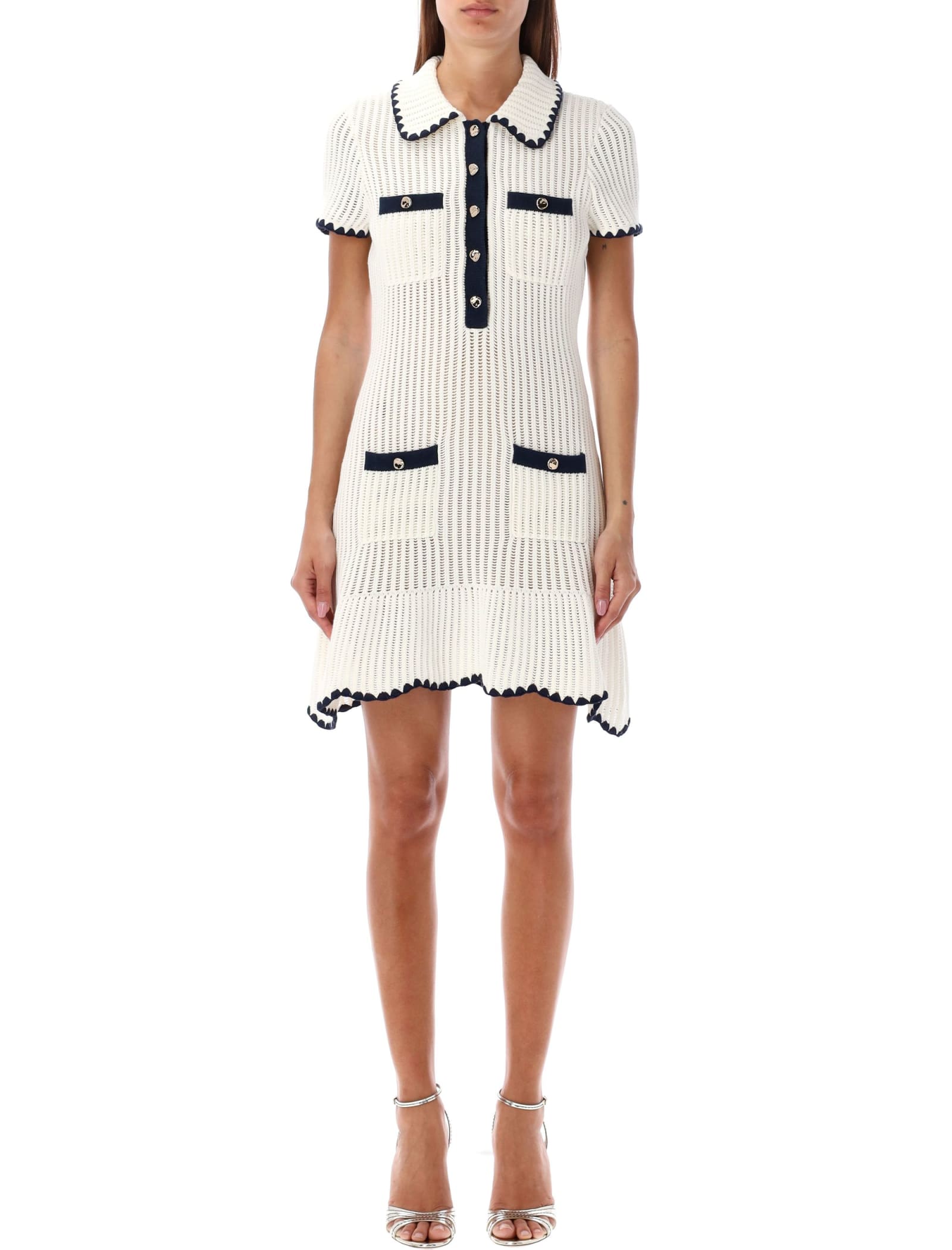 Shop Self-portrait Crochet Polo Mini Dress In Cream