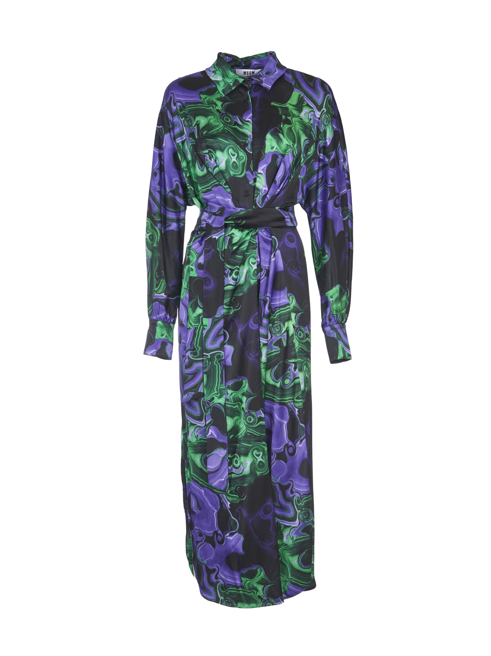 MSGM TIE-WAIST PRINTED SHIRT DRESS