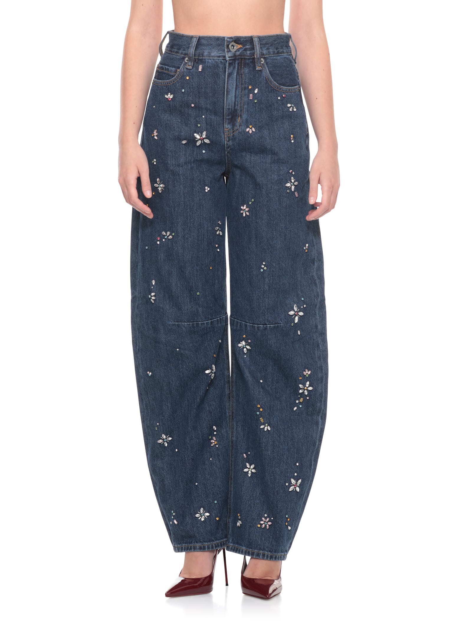 Self-portrait Wide-leg Cotton Jeans With Strass Floral Embellishments In Blue