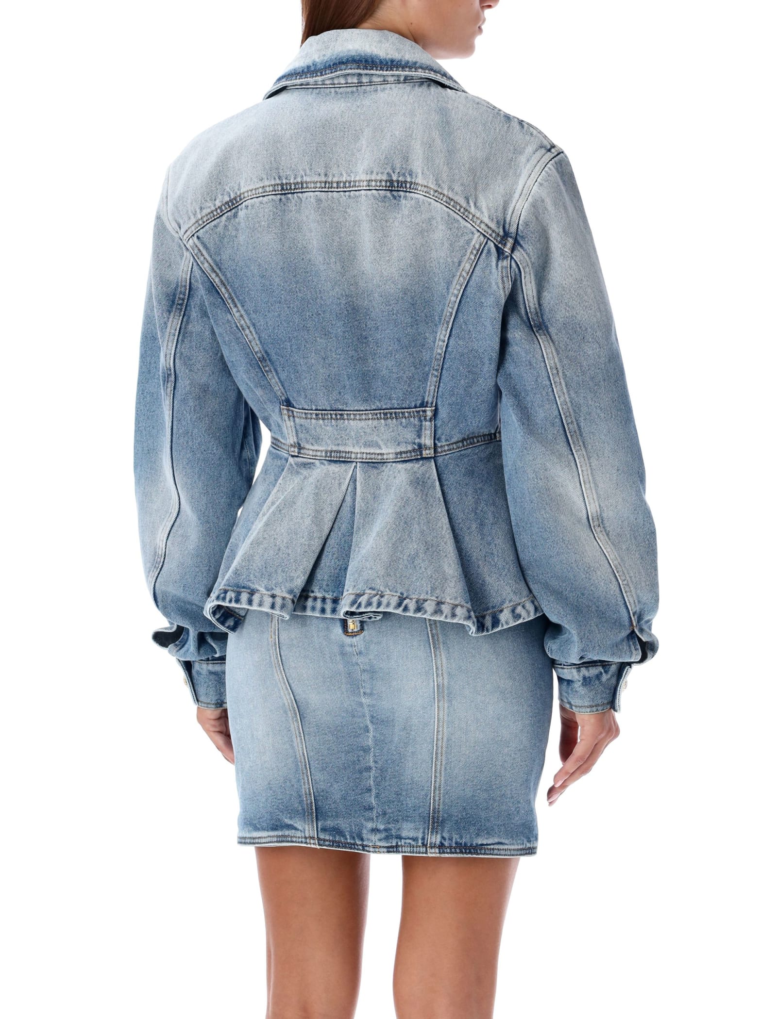 Shop Balmain Peplum Denim Jacket In Light Blue