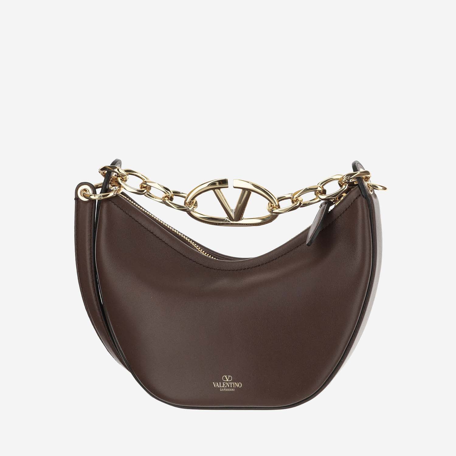 Shop Valentino Mini Hobo Vlogo Moon Bag In Nappa Leather With Chain In Brown