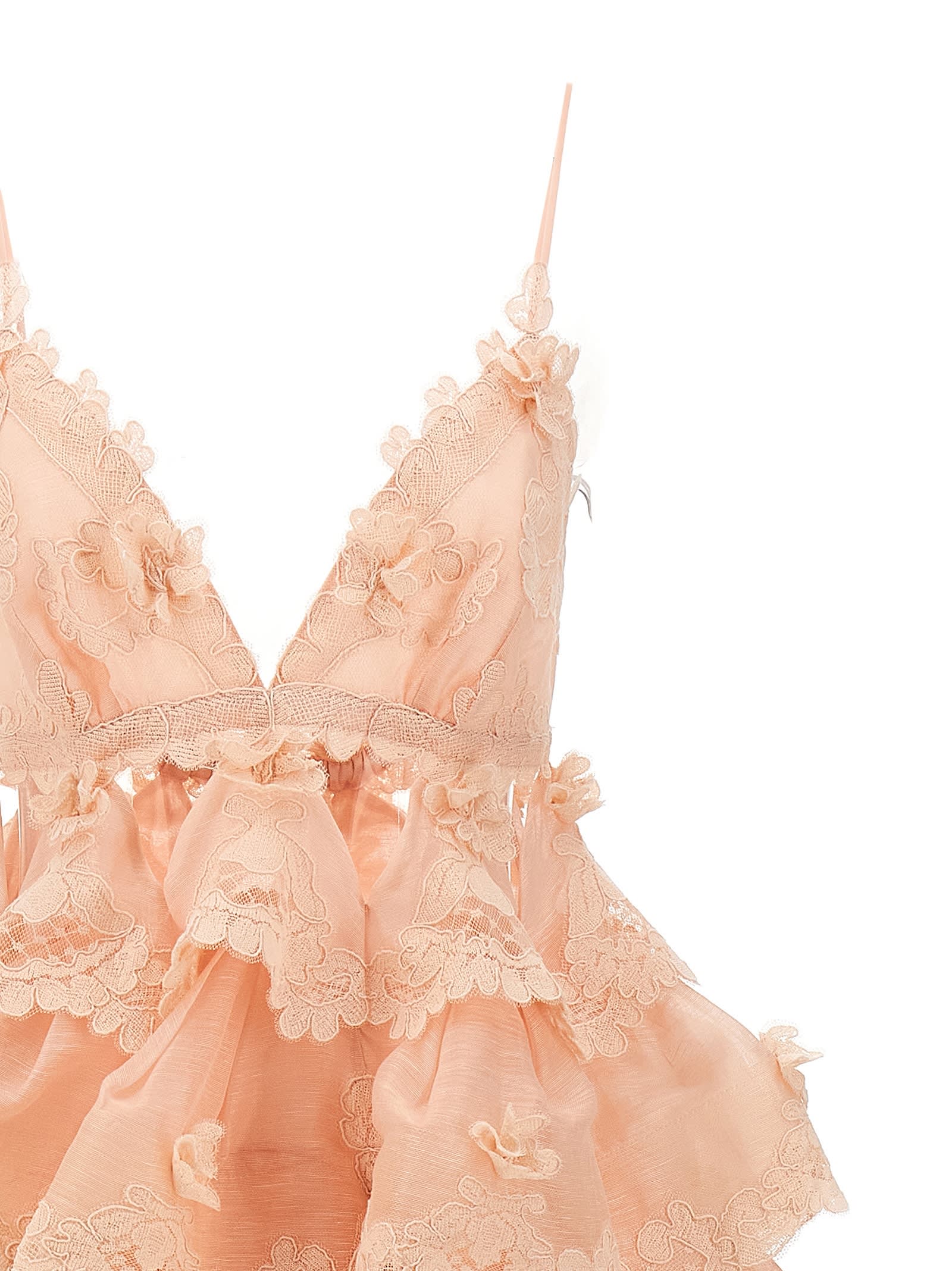 Zimmermann Linen And Silk Long Dress With Embroidered Flounces In Pale Pink