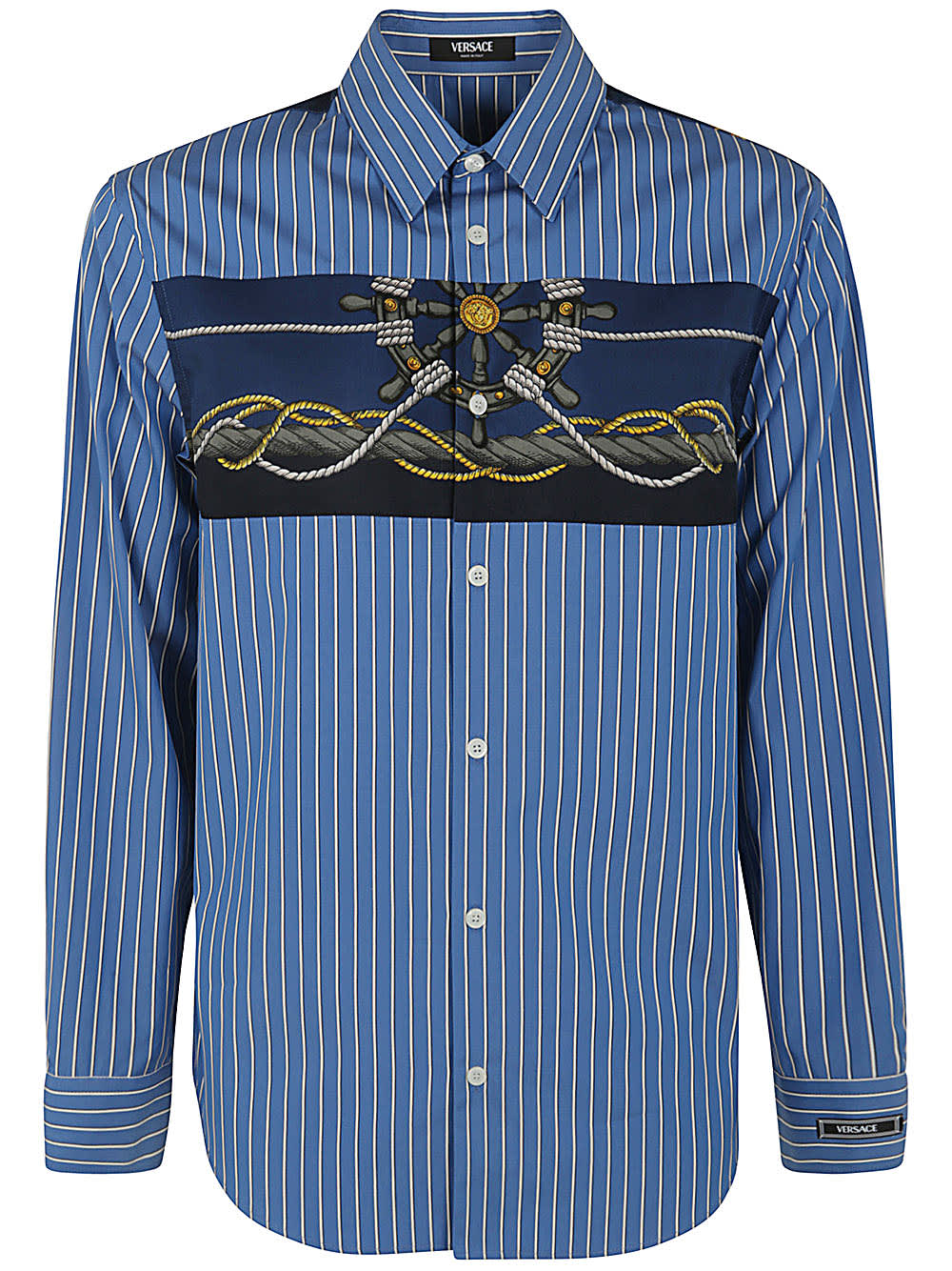 Shop Versace Informal Shirt Striped Poplin Fabric Printed Inserts In Blue Gold