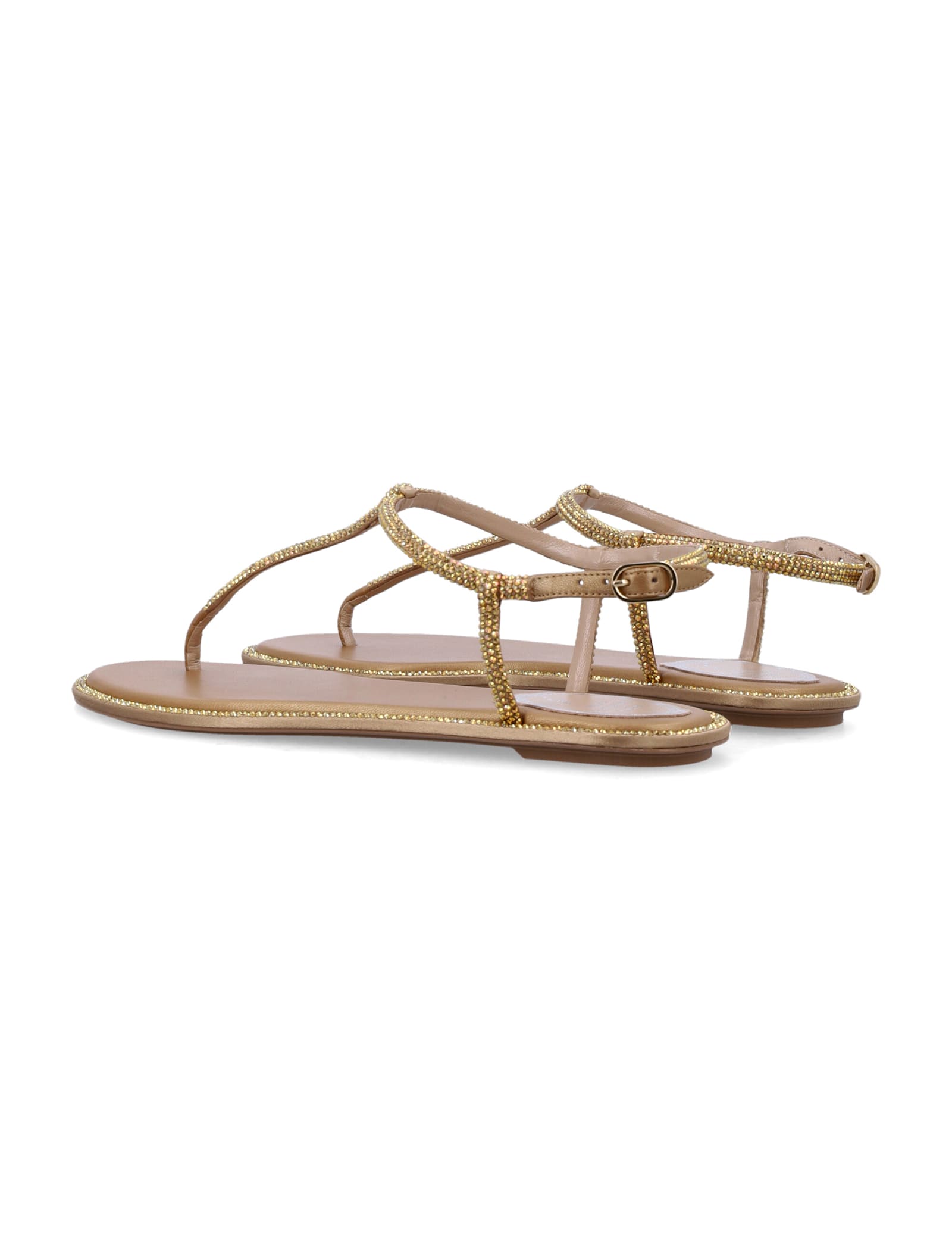 René Caovilla Embellished Ankle Strap Thong Sandals In Beige Gold Satin
