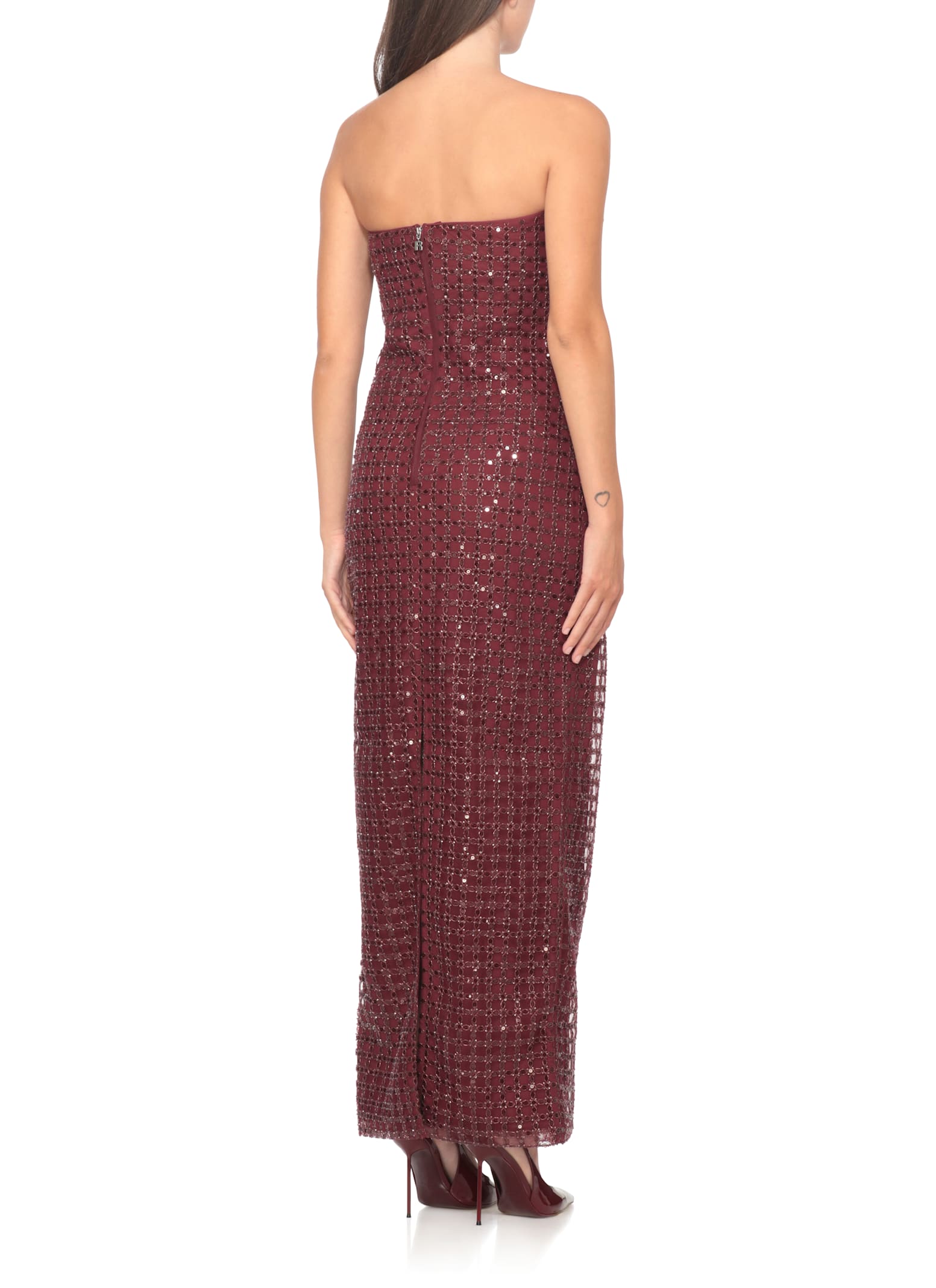 Rotate Birger Christensen Floor-length Burgundy Strapless Evening Dress With Sequined Detailing In Burgundy