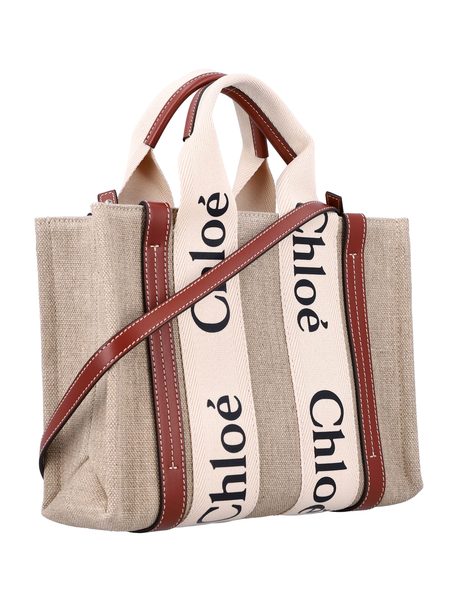 Shop Chloé Linen Woody Medium Tote Bag In White - Brown 1