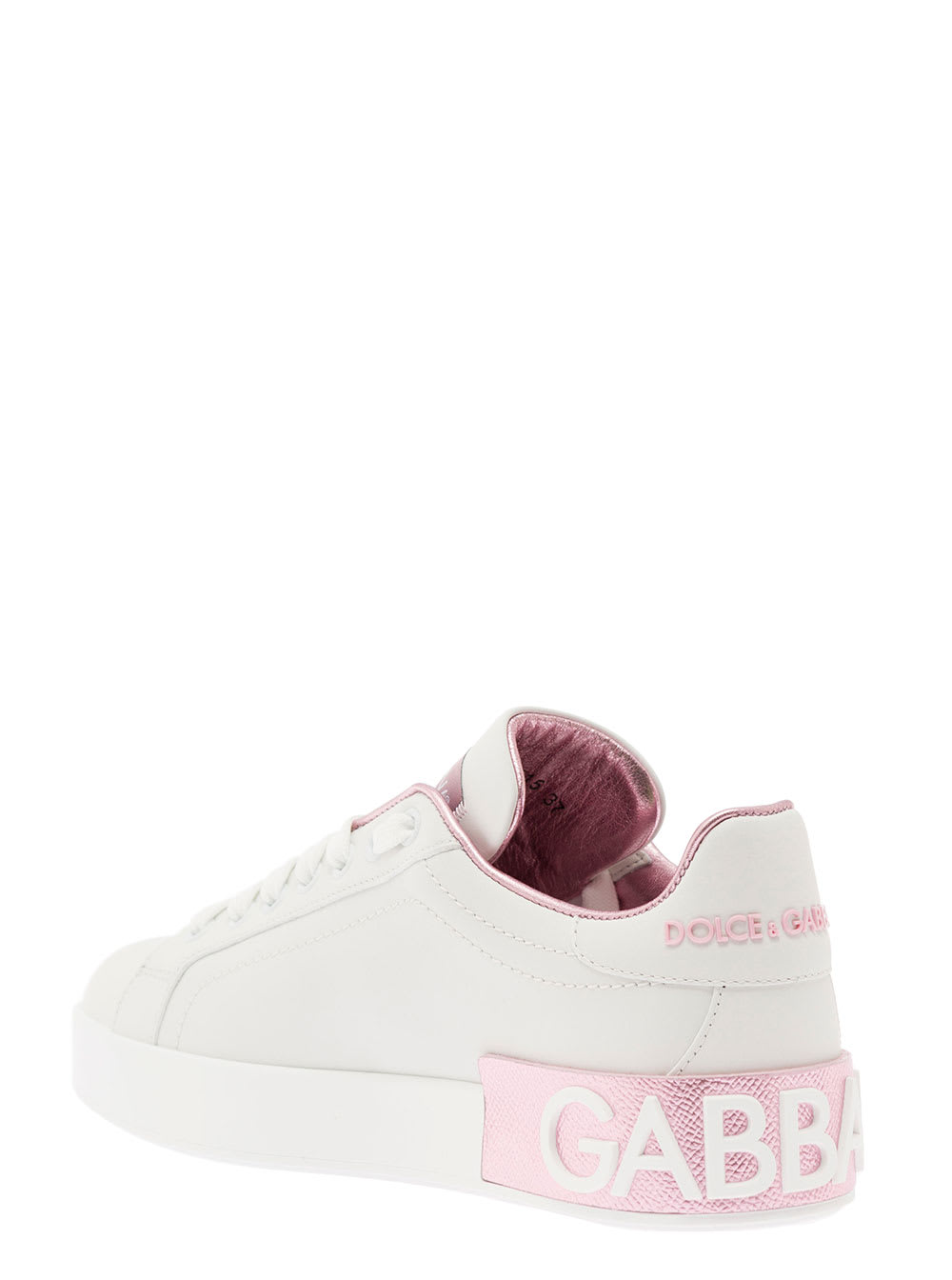 Shop Dolce & Gabbana Portofino White And Pink Low Top Sneakers With Logo In Leather Woman