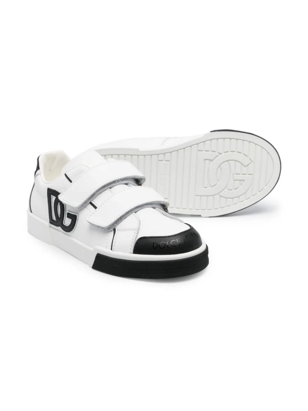 Shop Dolce & Gabbana White And Black Sneakers With Dg Logo In Bianco