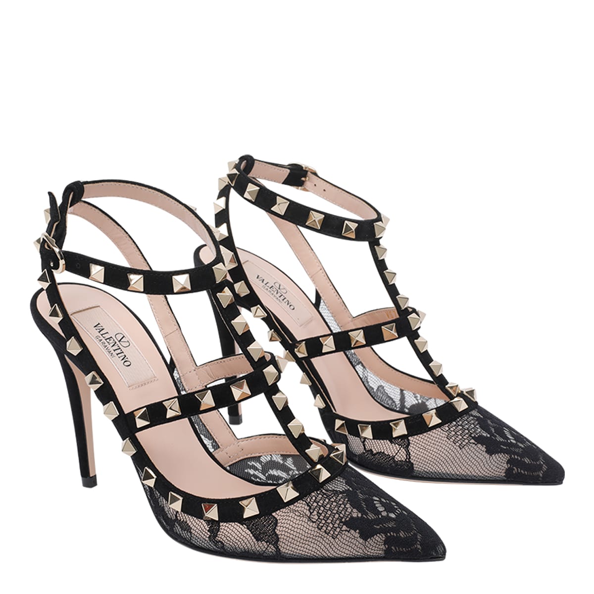 Valentino Rockstud 100 Lace And Suede Pumps In Black