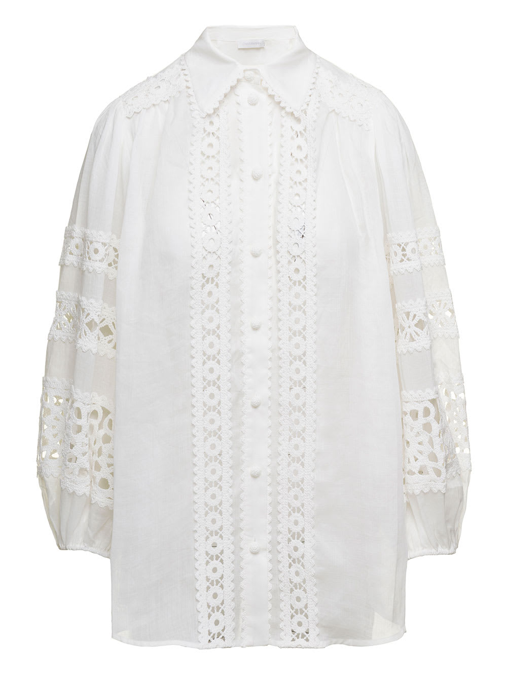 ZIMMERMANN DEVI WHITE SHIRT WITH LACE DETAILS IN RAMIE WOMAN