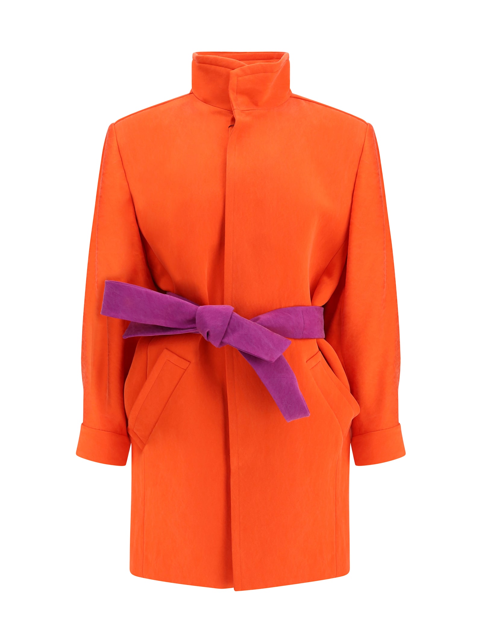 Saint Laurent Belted Stonewashed Silk Satin Coat In Orange