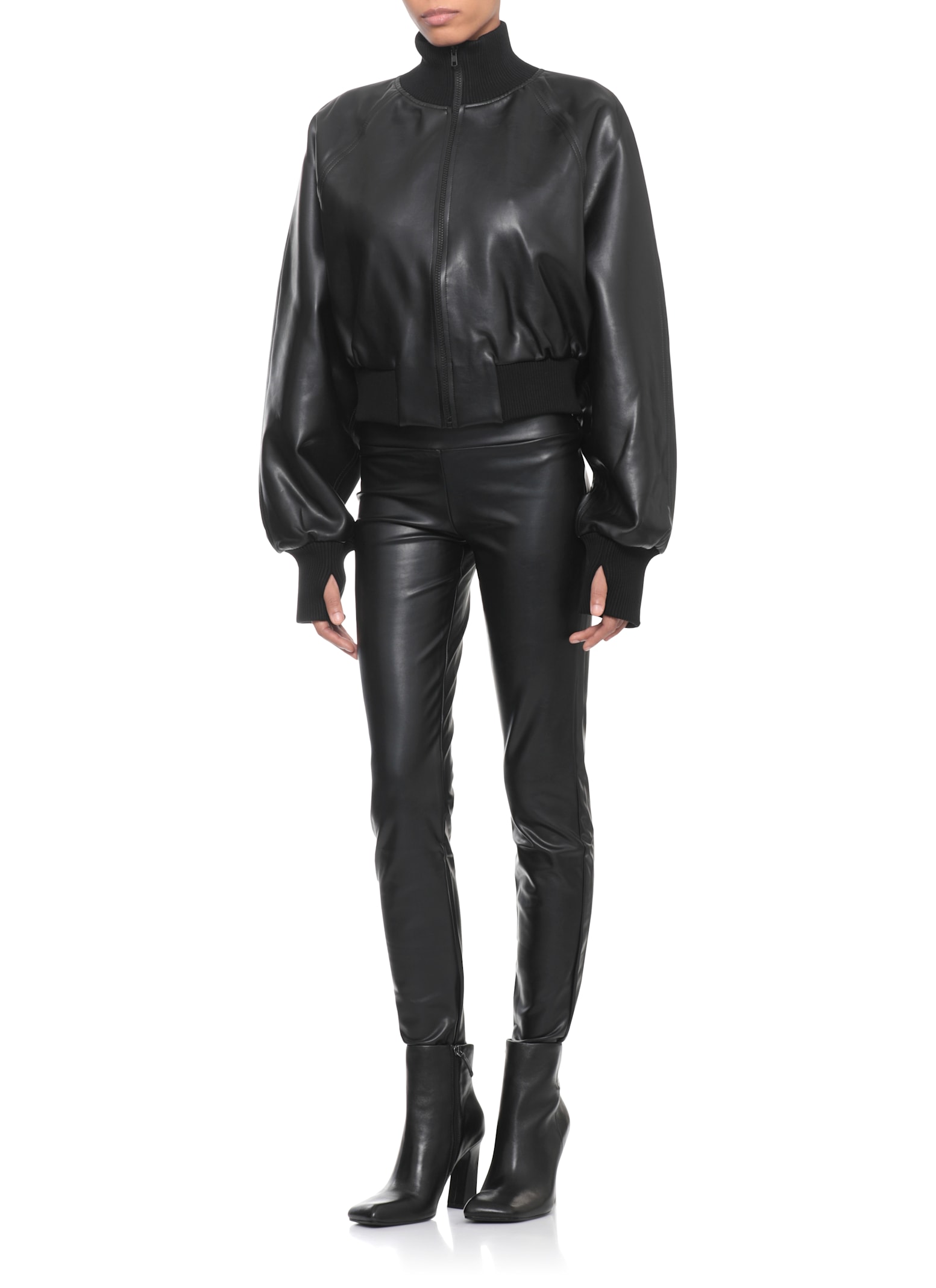 Norma Kamali Cropped Synthetic Leather Long Sleeve Jacket In Black