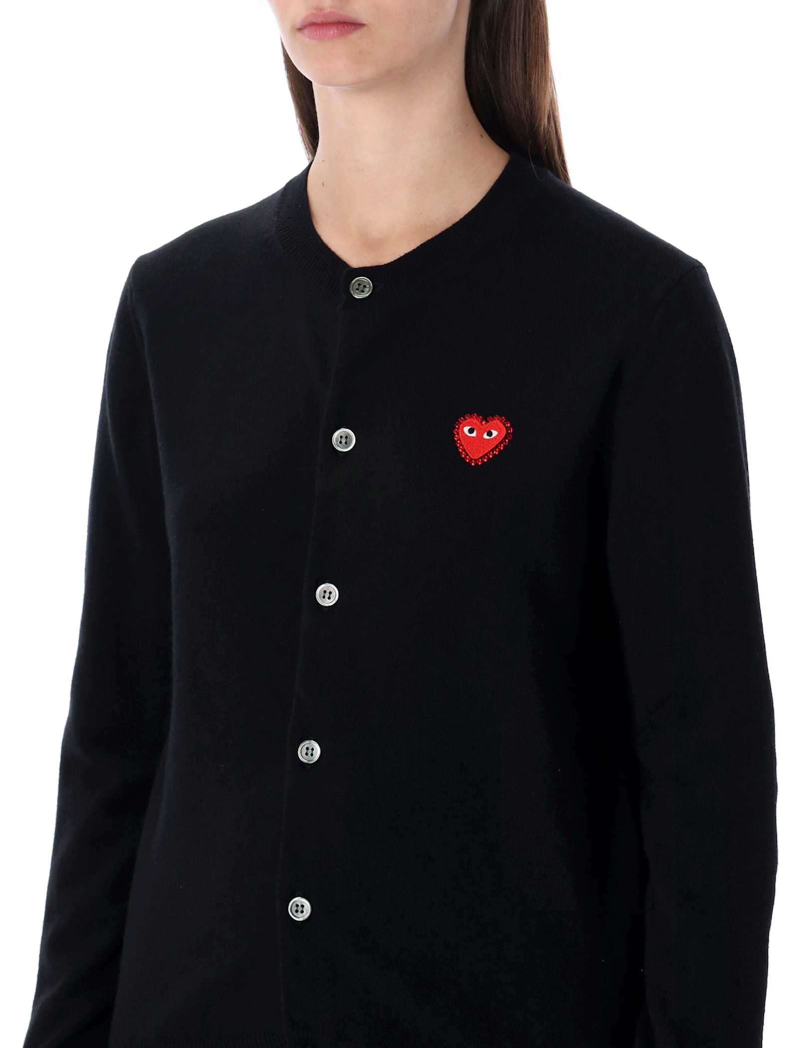 Comme Des Garçons Play Cardigan Round Collar Crystal Heart Red In Black