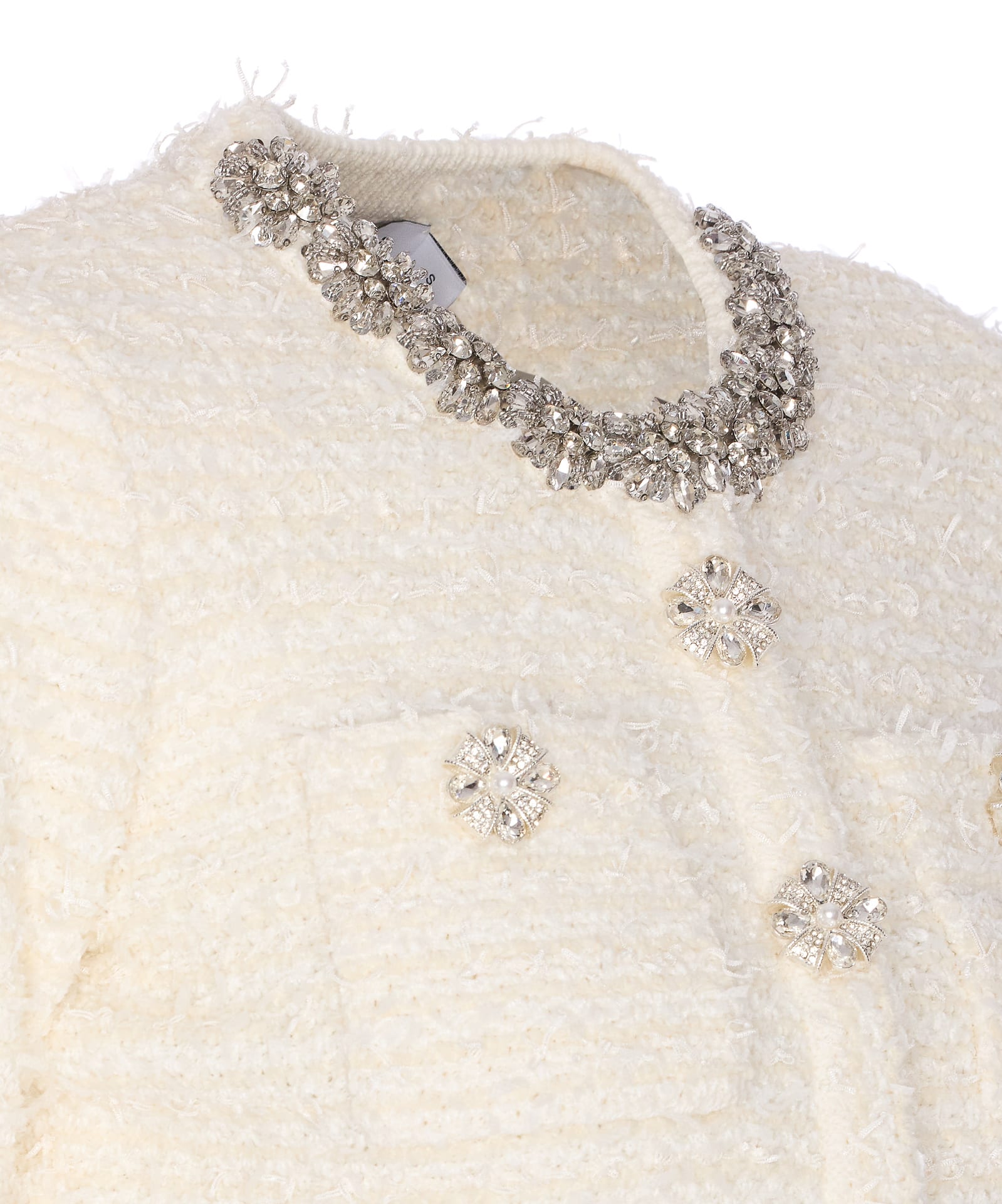 Self-portrait Cropped Sweater With Textured Boucle Knit And Crystal Embellishments In White