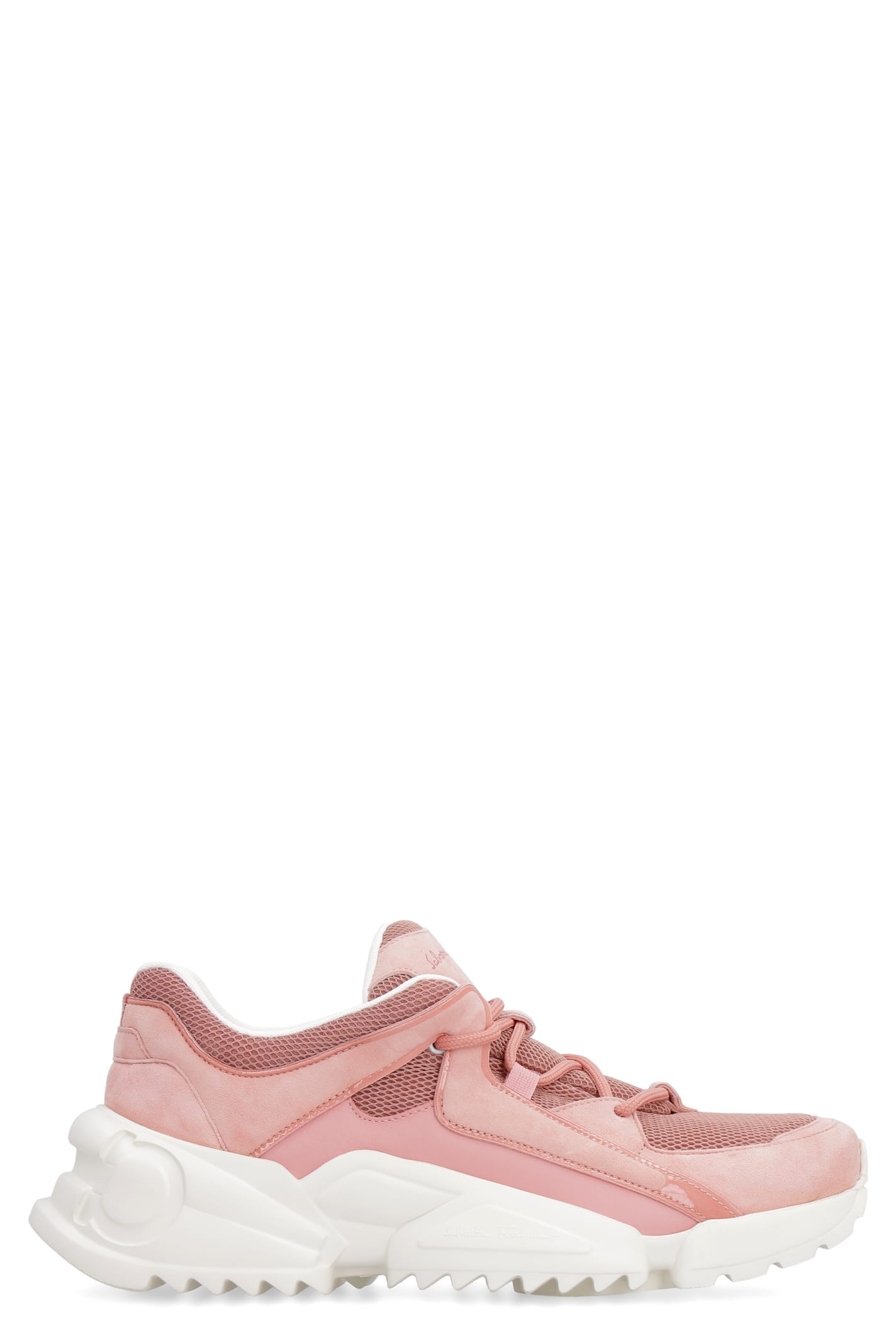 Ferragamo Skylar Patent Leather-trimmed Suede And Mesh Sneakers In Pink