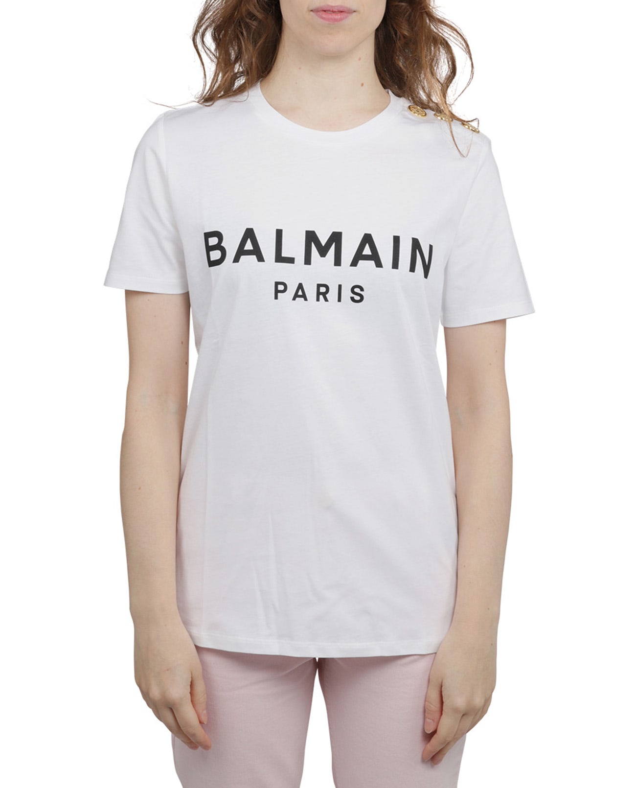Balmain White T-shirt Black Logo Buttons
