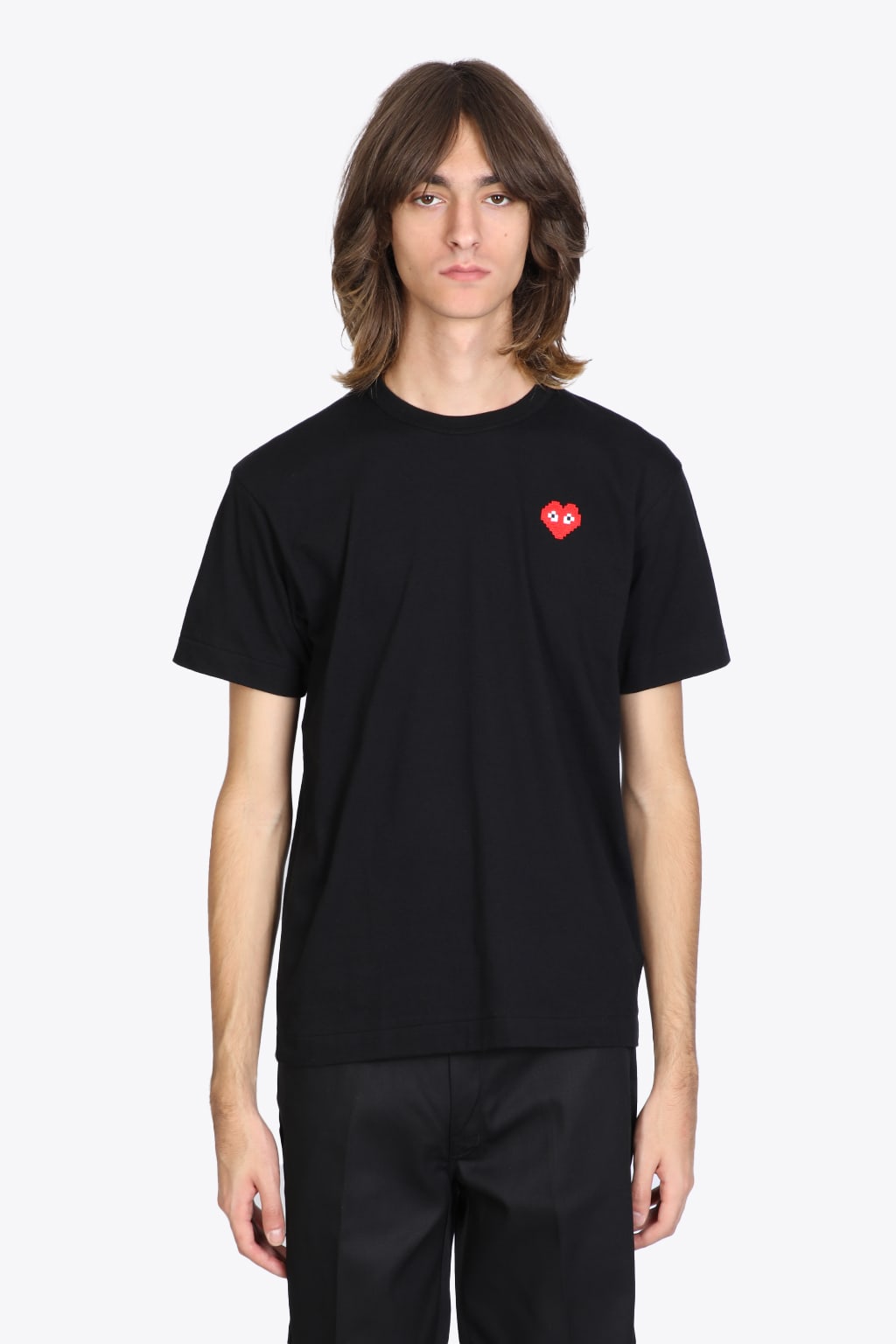 Shop Comme Des Garçons Shirt Mens T-shirt Short Sleeve Knit Black T-shirt With Pixel Heart Patch.