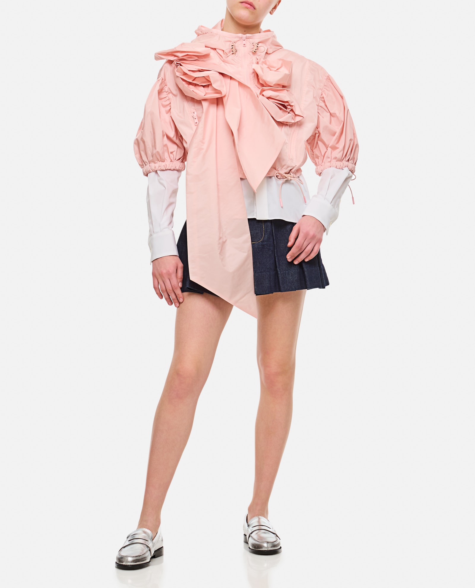 Shop Simone Rocha Cropped Puff Sleeve Jacket W/ Turbo Pressed Roses In Pink