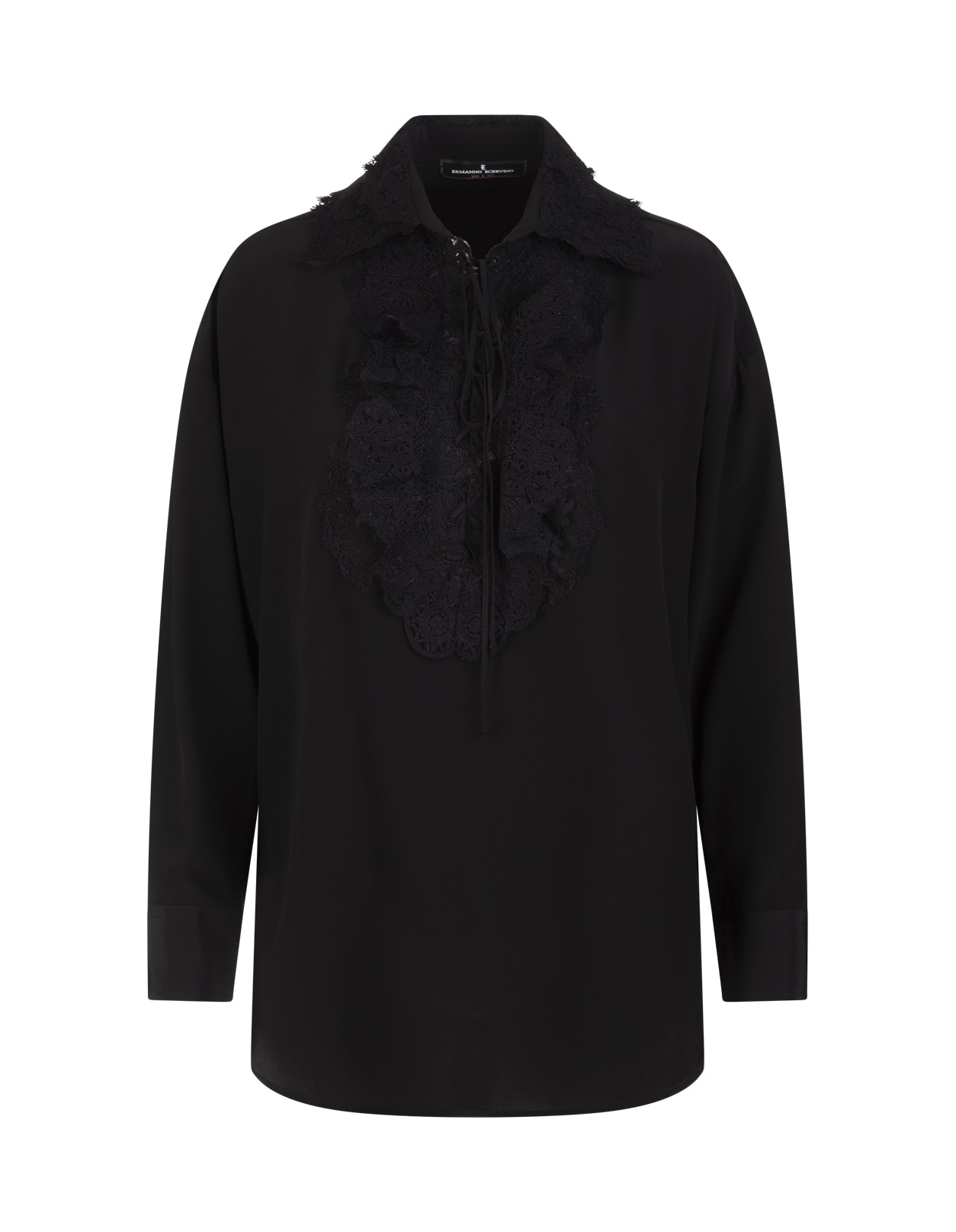 Ermanno Scervino Black Silk Shirt With Lace Plastron