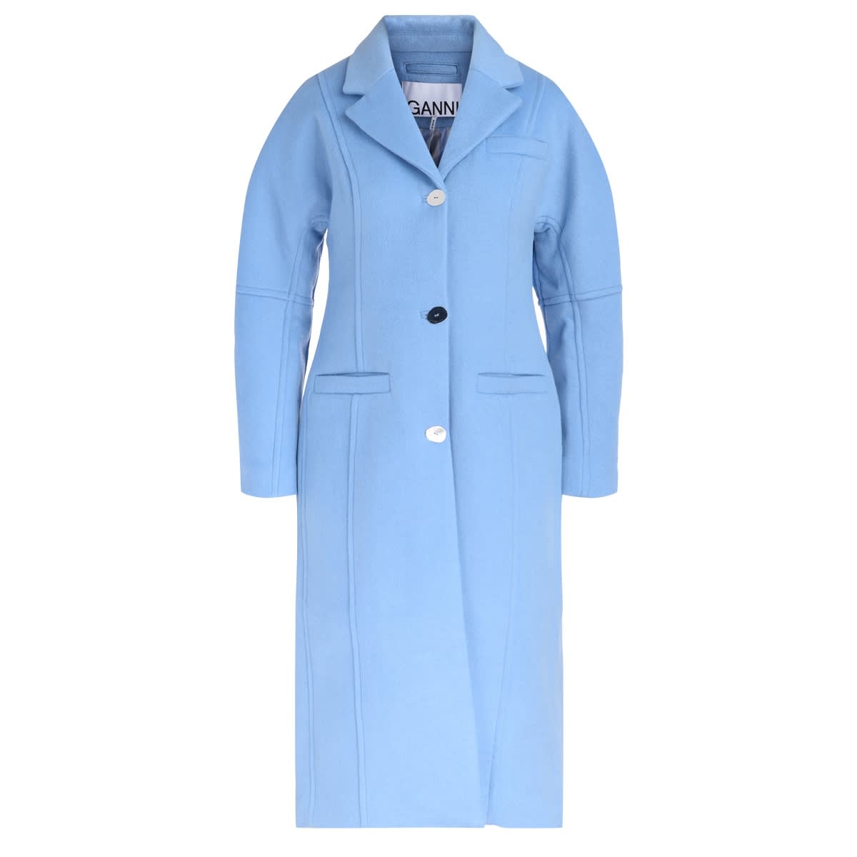 Ganni Coat In Light Blue Wool