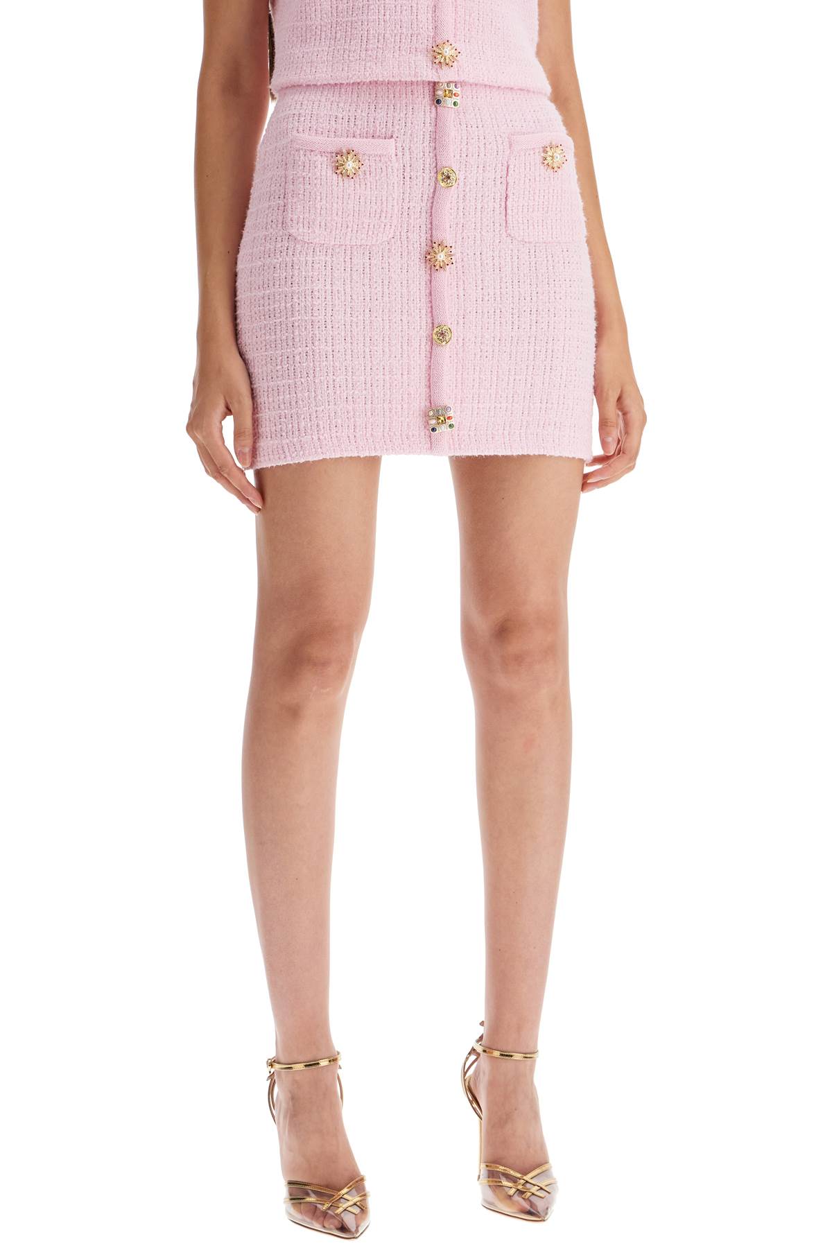 Shop Self-portrait Knitted Mini Skirt With Jewel Buttons In Pink (pink)