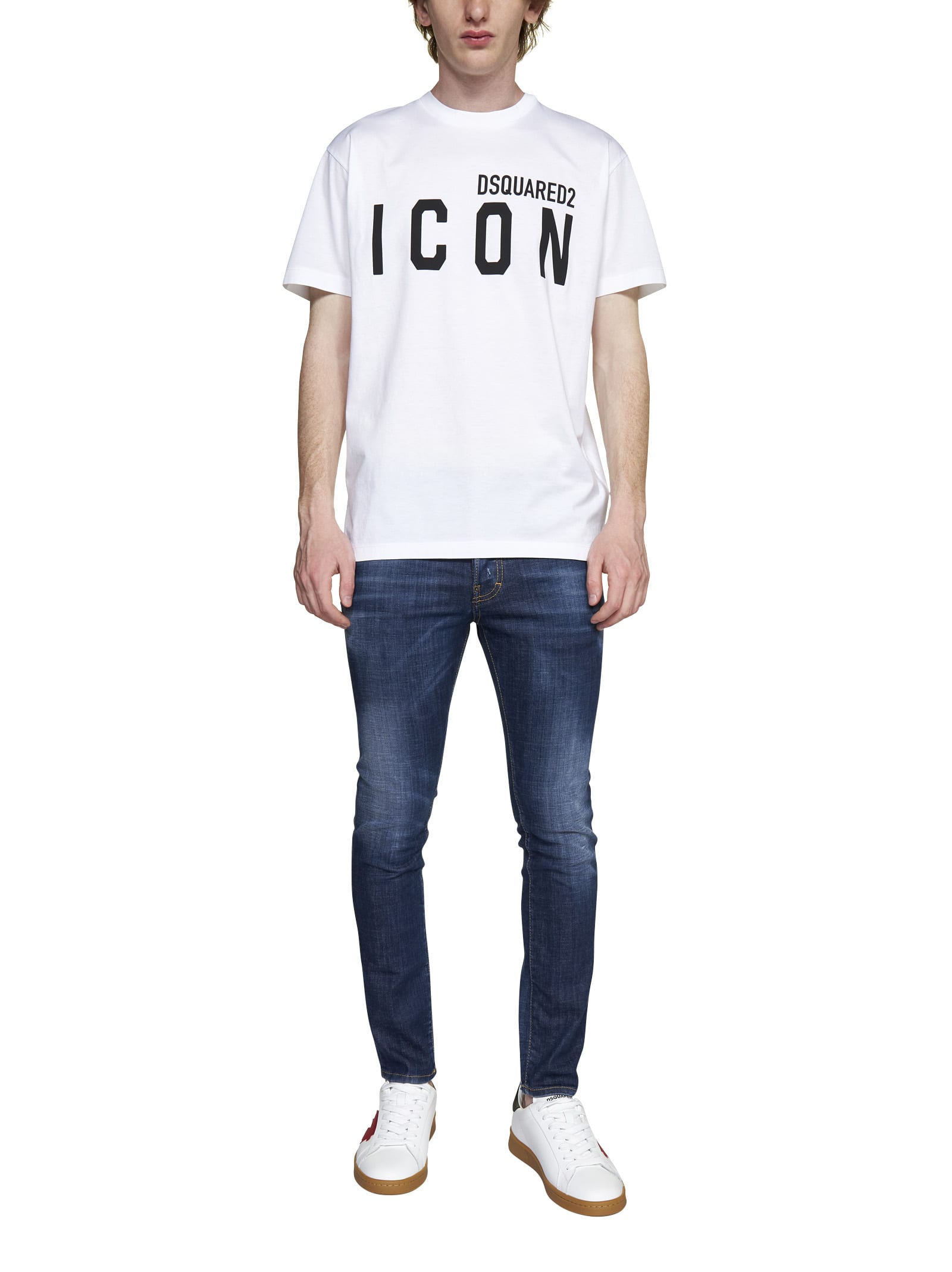 Dsquared2 White Crewneck T-shirt With Maxi Logo Print On The Front In White/black