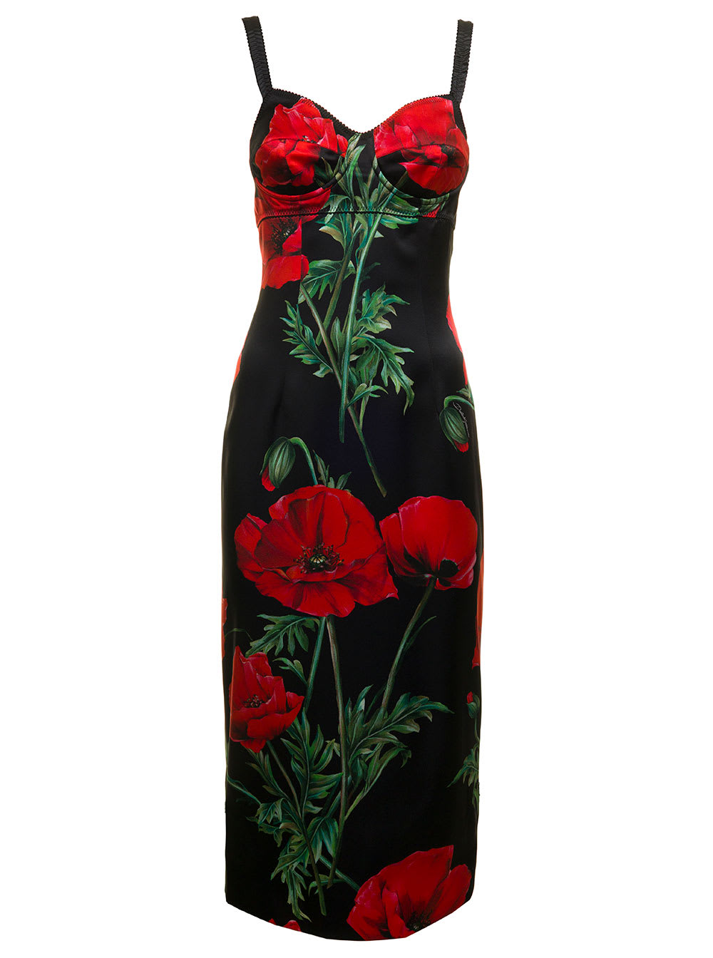 Dolce & Gabbana Dolce & Gabban Woman Black Silk Corset Dress With Poppies Print