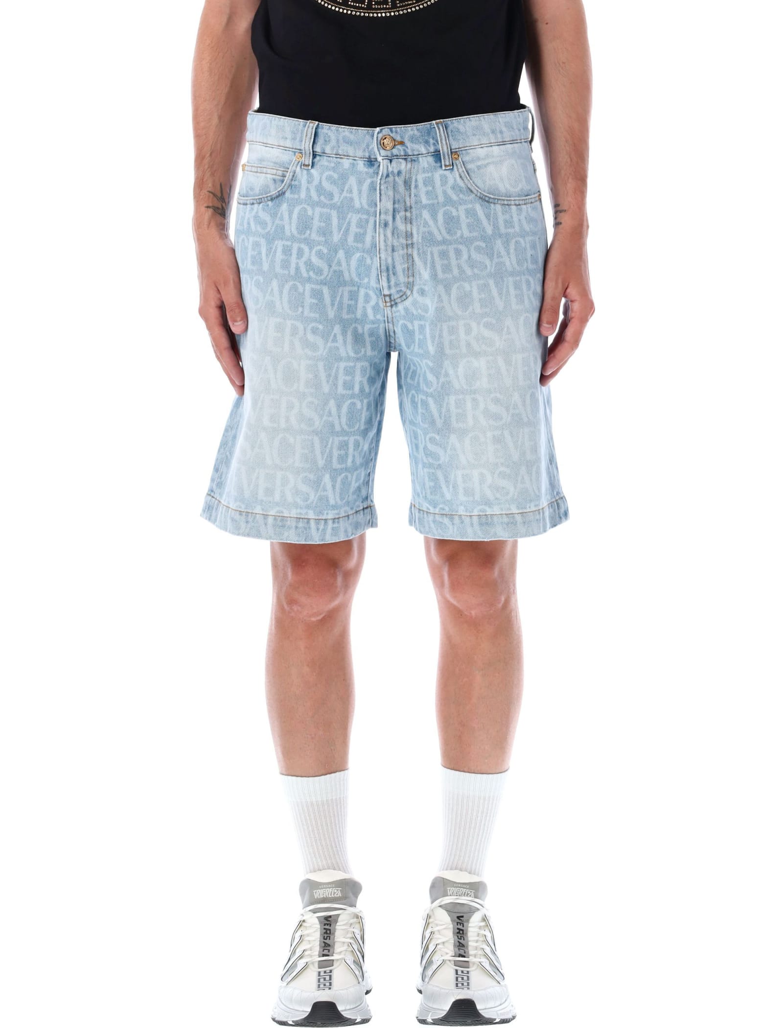 Versace Shorts In Denim Barocco In Light Blue