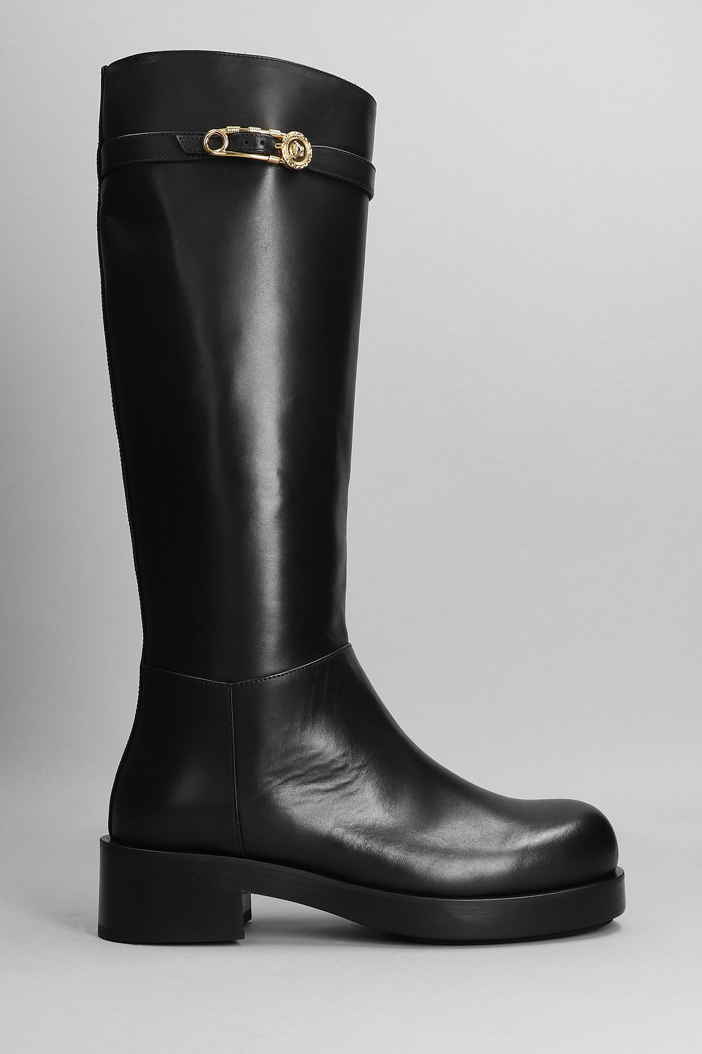 VERSACE SAFETY PINI LOW HEELS BOOTS IN BLACK LEATHER