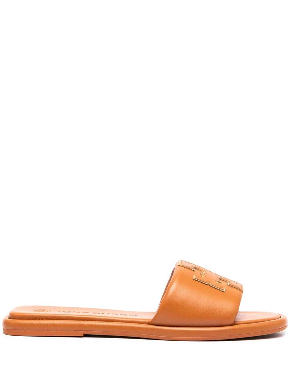 TORY BURCH LEATHER SLIDE SANDALS WITH LOGO