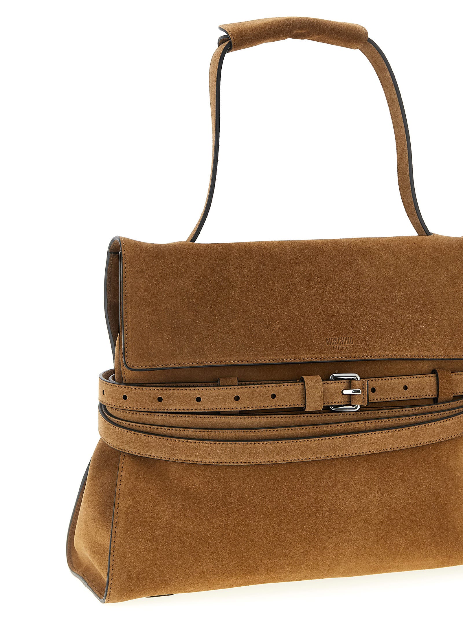 Moschino Medium Tie Me Belt-detail Suede Shoulder Bag In Brown