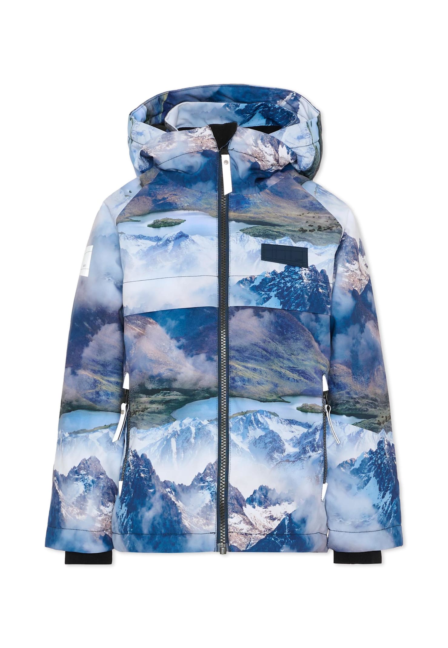 Molo Blue Down Snow Jacket For Boy With Mountain Print In Blue