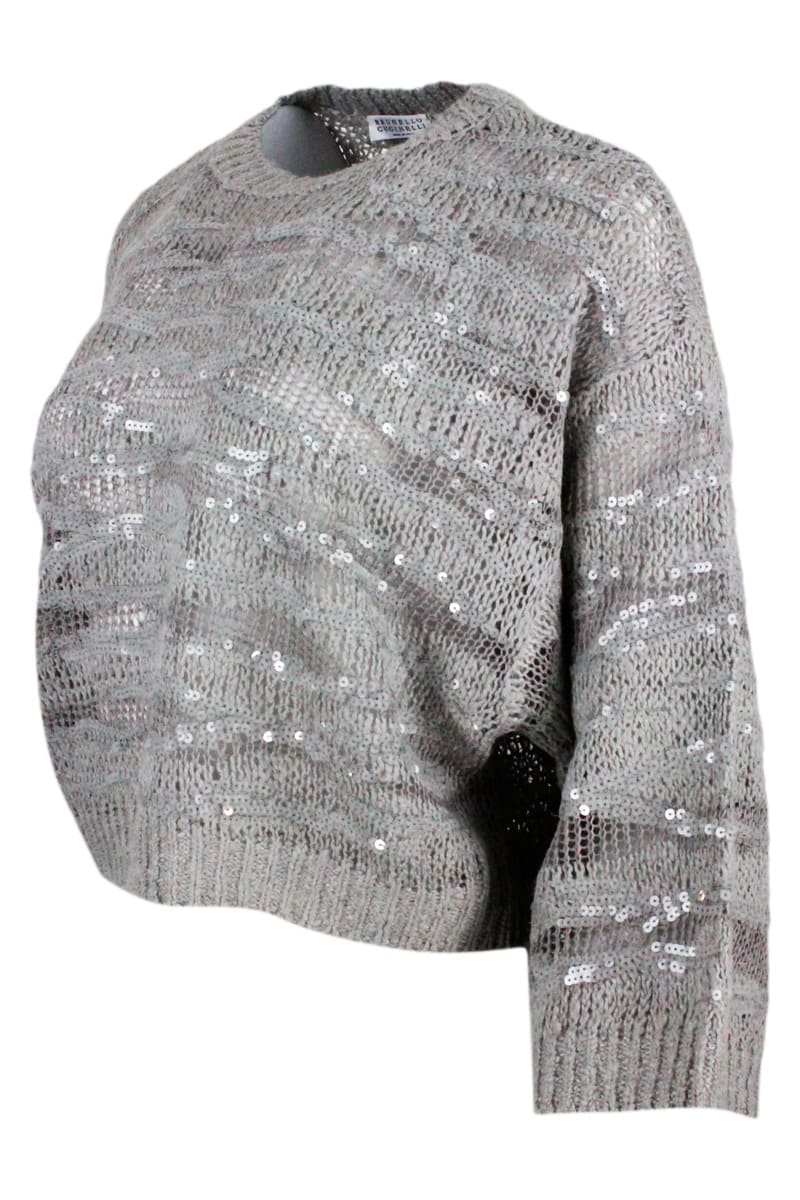 Shop Brunello Cucinelli Animal Print Sweater In Silk, Linen And Hemp. In Grey