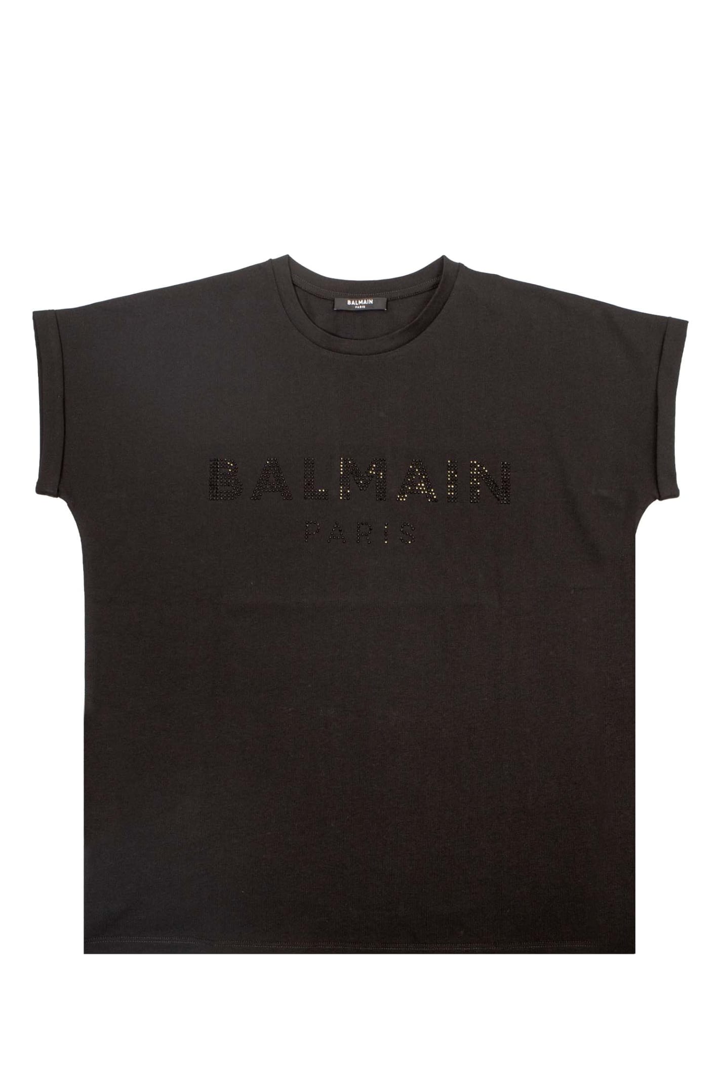 Balmain Cotton White T-shirt With Black Balmain Logo In Rhinestones