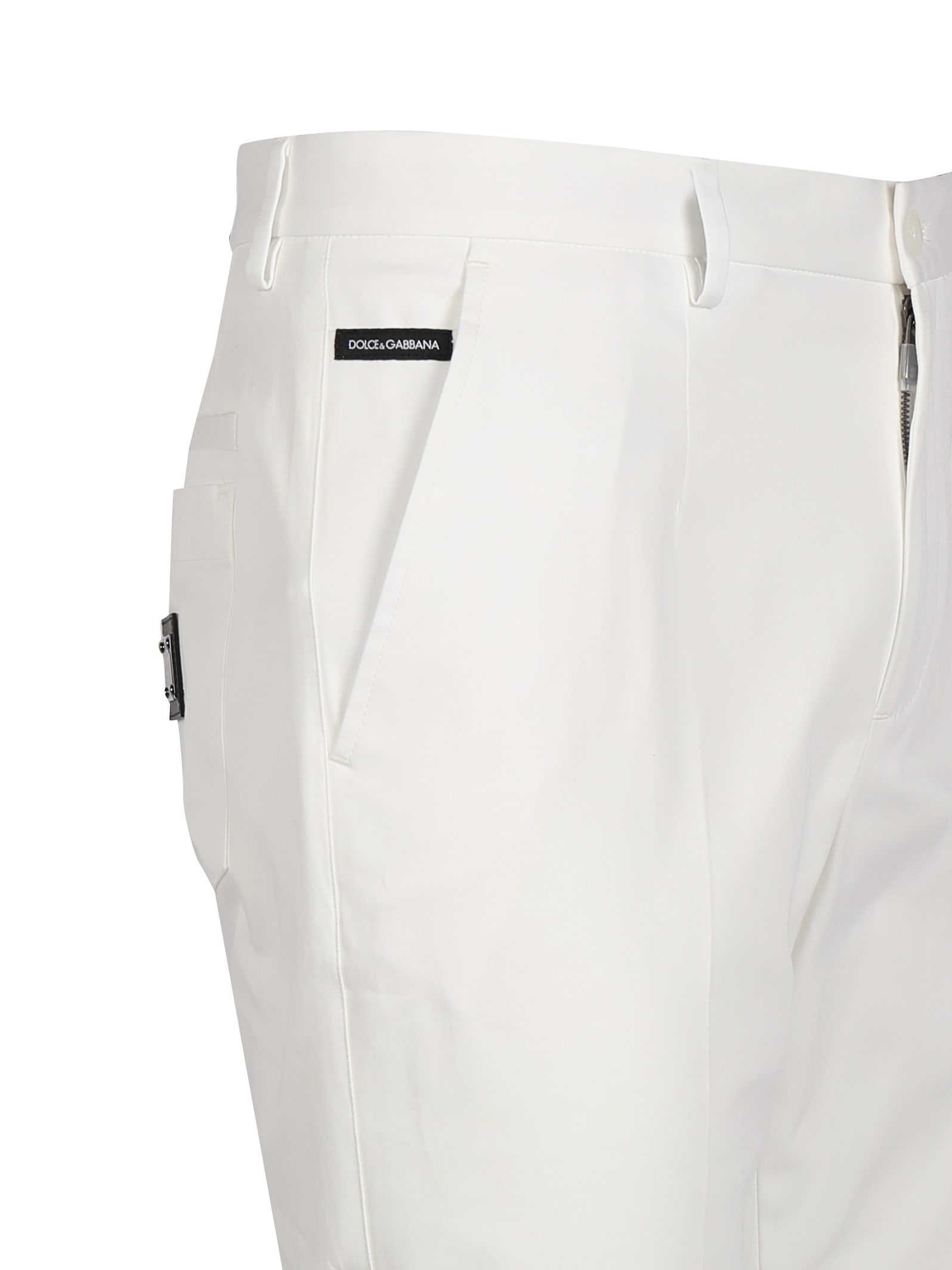 Shop Dolce & Gabbana Stretch Cotton Trousers With Logoed Plaque In White