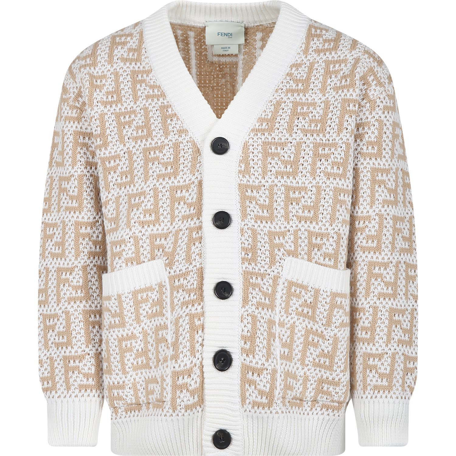 Shop Fendi Beige Cardigan For Kids With Double F