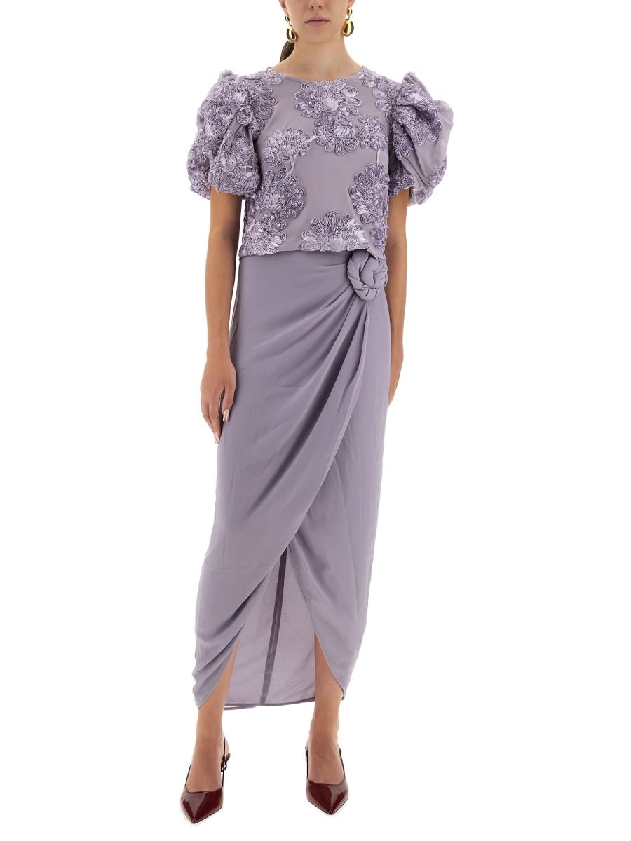 Rotate Birger Christensen 3d Floral Mesh Top With Voluminous Puff Sleeves In Blue