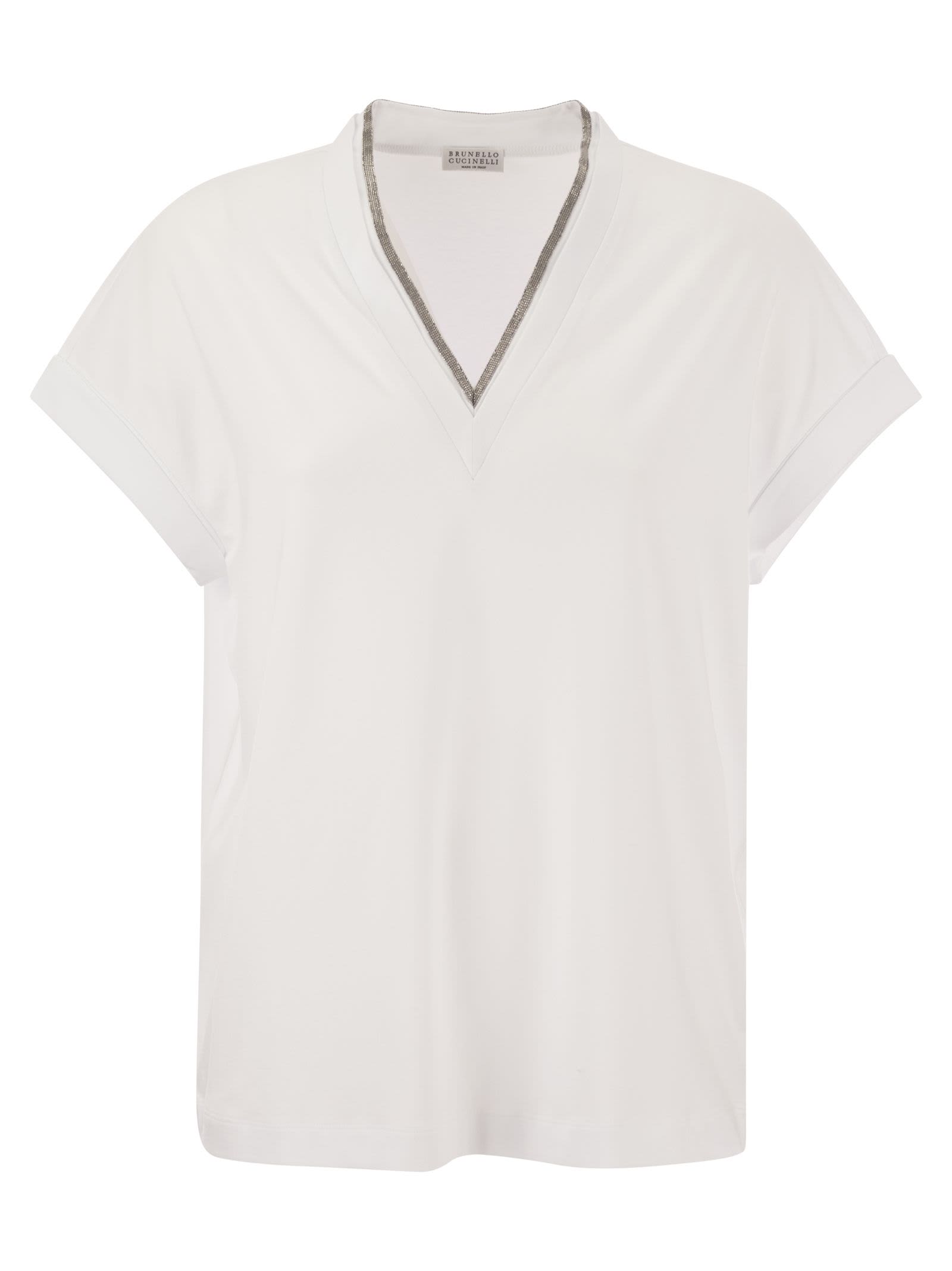 Shop Brunello Cucinelli Stretch Cotton Jersey T-shirt With Precious Neckline In White