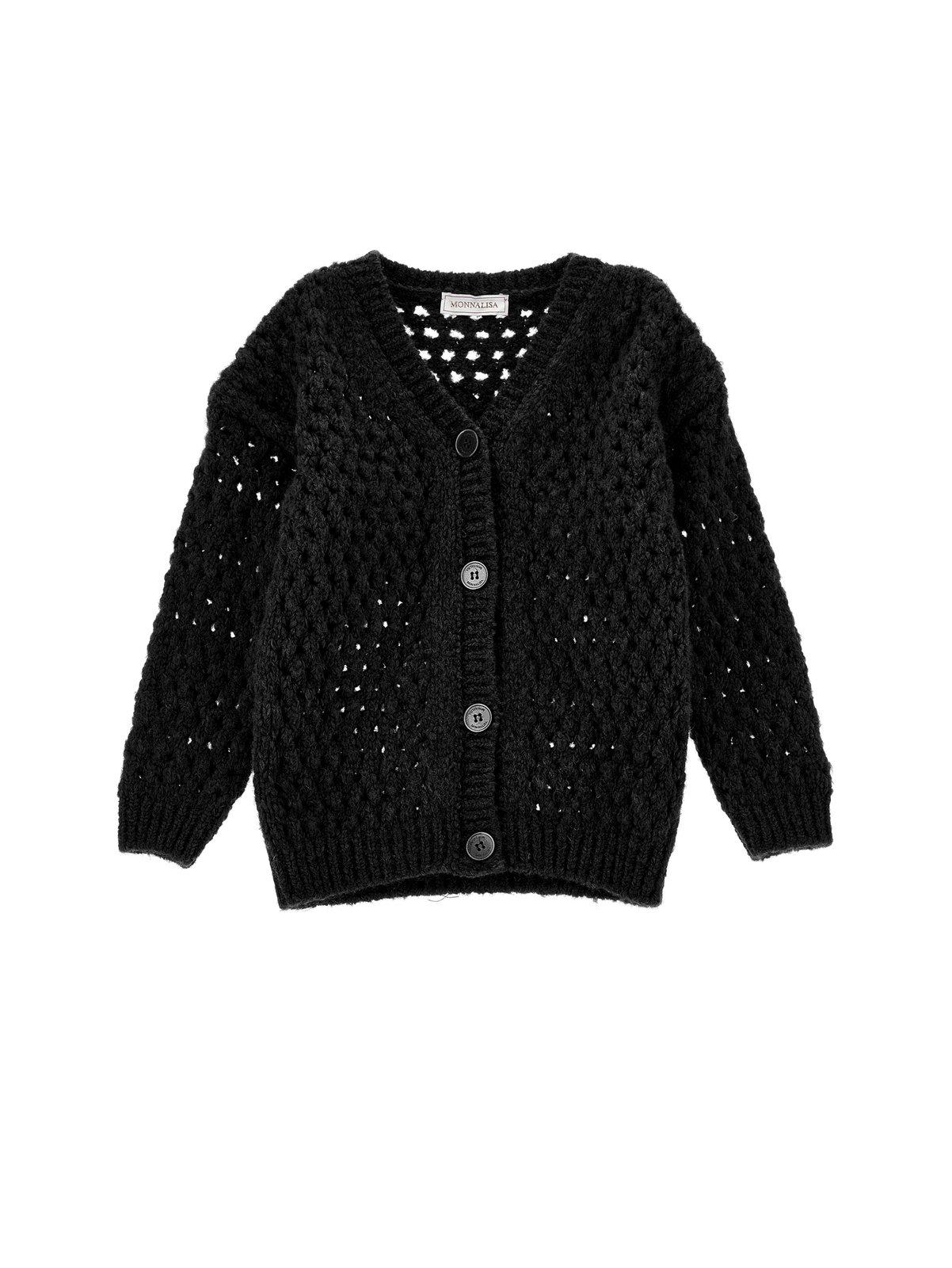 Shop Monnalisa Patch-detailed Open-knitted Buttoned Cardigan In Nero