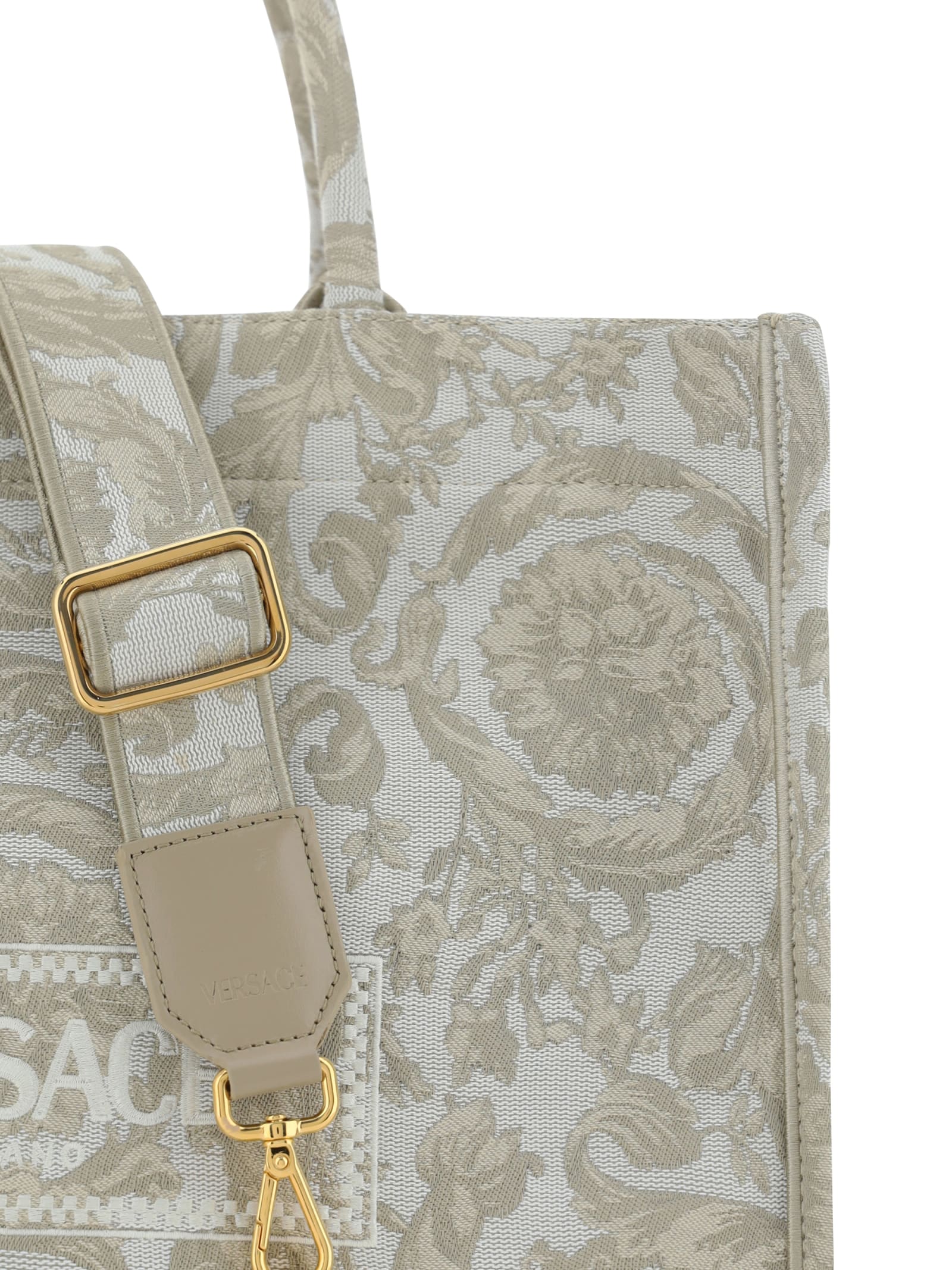 Shop Versace Athena Handbag In Beige+beige- Gold